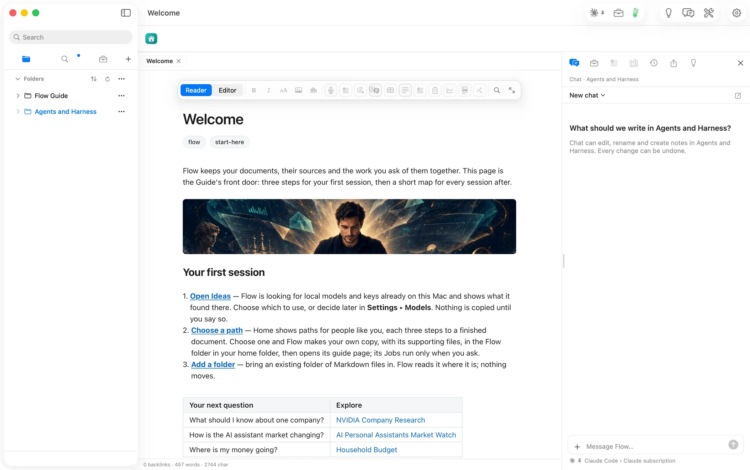 An empty folder selected, and Flow Chat asking what to write in it