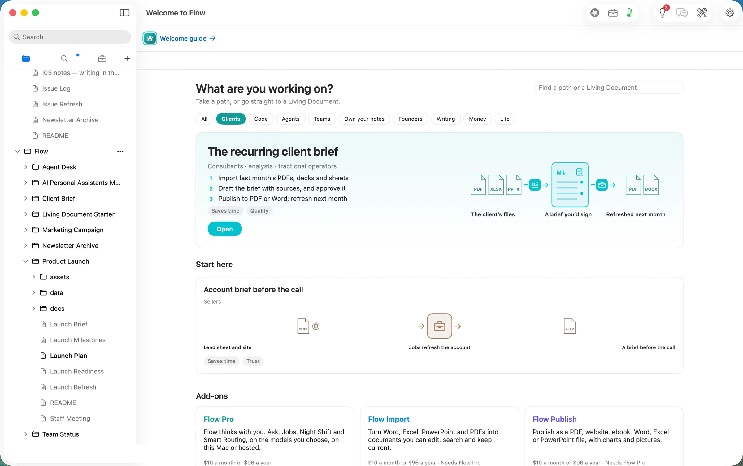 Home: Account brief before the call, under Clients