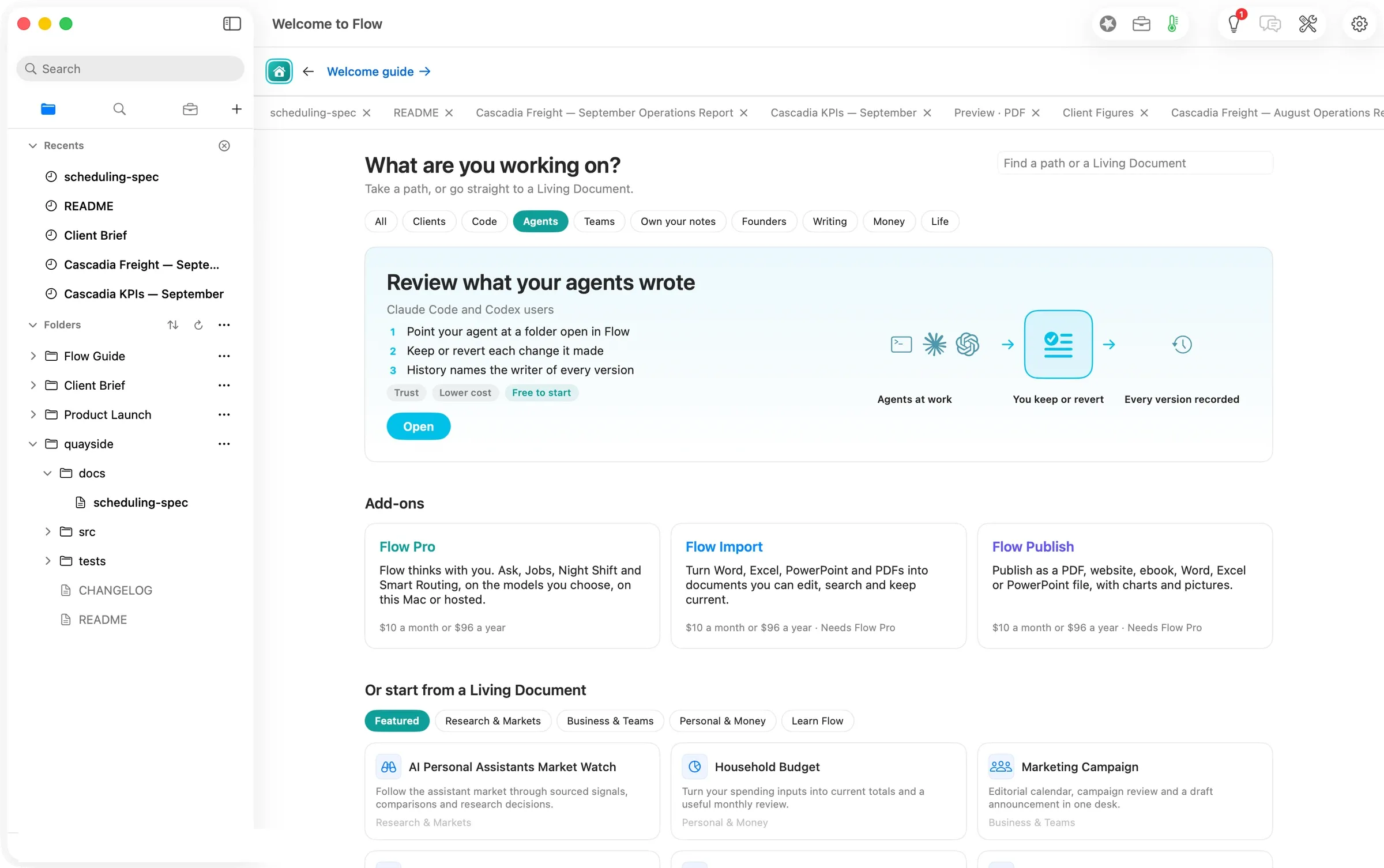 Home, filtered to Agents: Review what your agents wrote