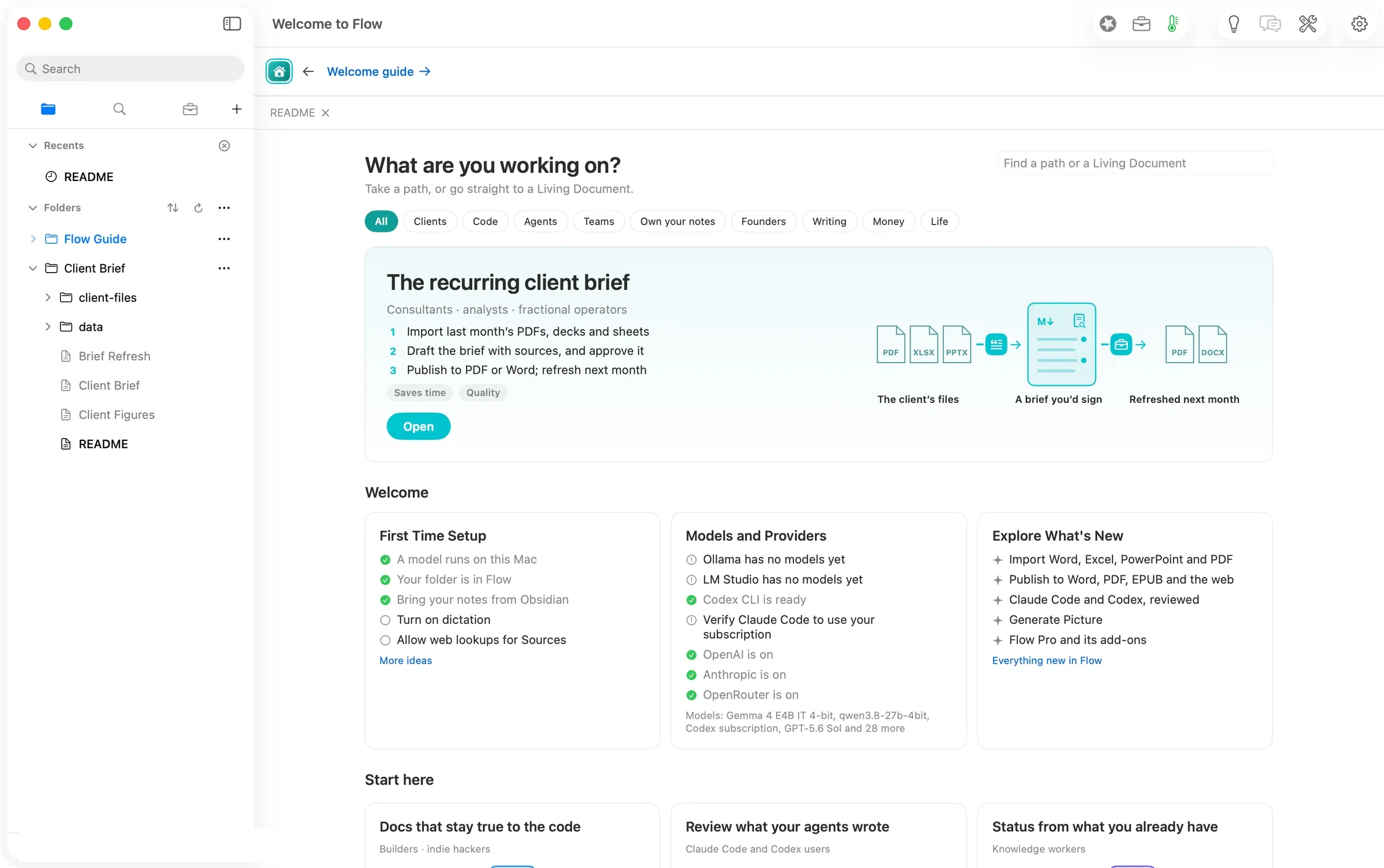 Home: the recurring client brief is the first path Flow offers