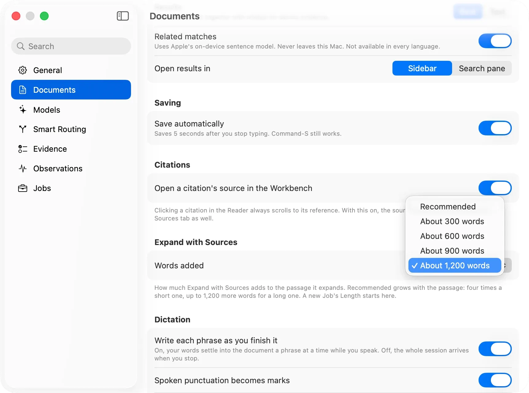 Settings ▸ Documents: Words added, set to About 1,200 words