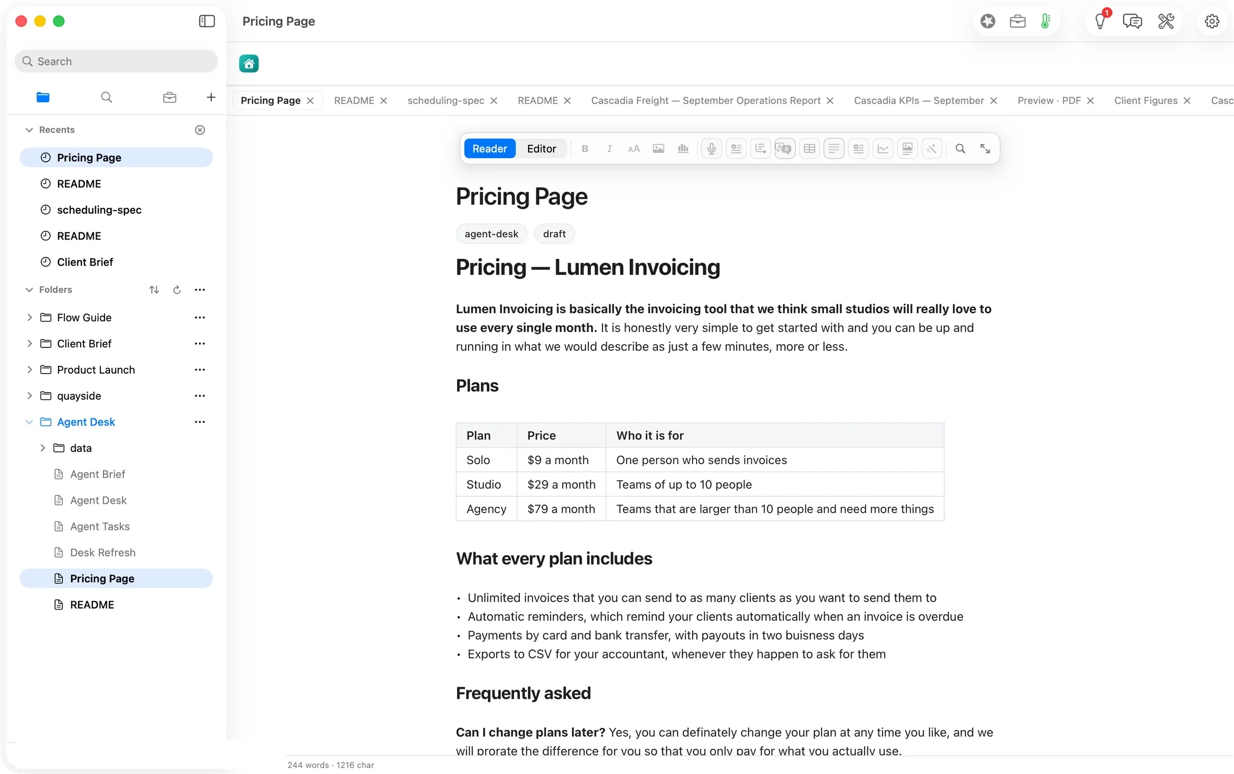 The draft: a pricing page with two spelling mistakes