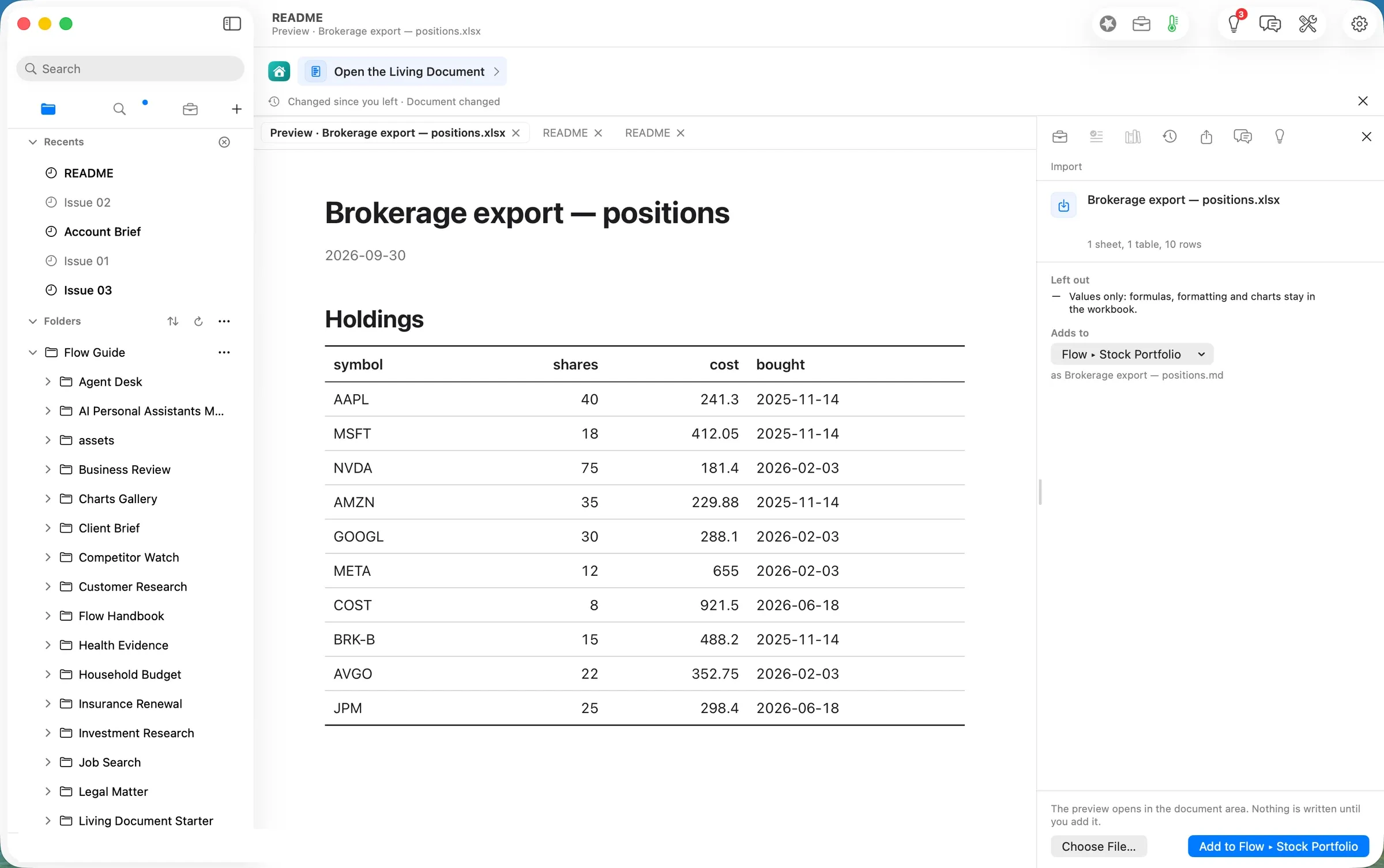 The Import preview: 1 sheet, 1 table, 10 rows, adding to the path's folder