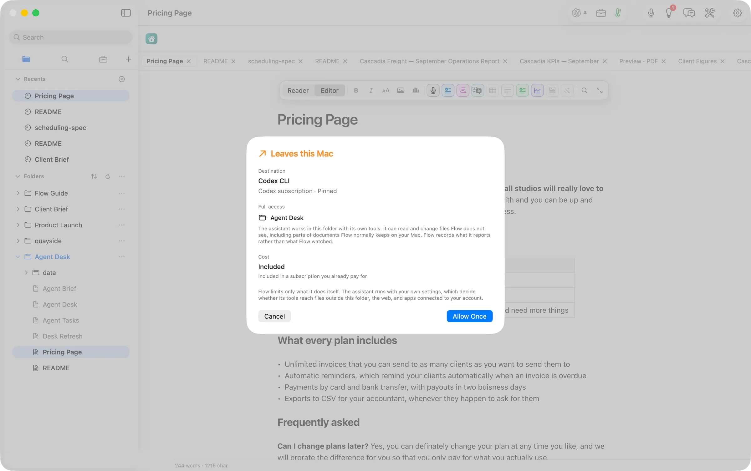 Leaves this Mac: Codex CLI, Full access to Agent Desk, cost Included