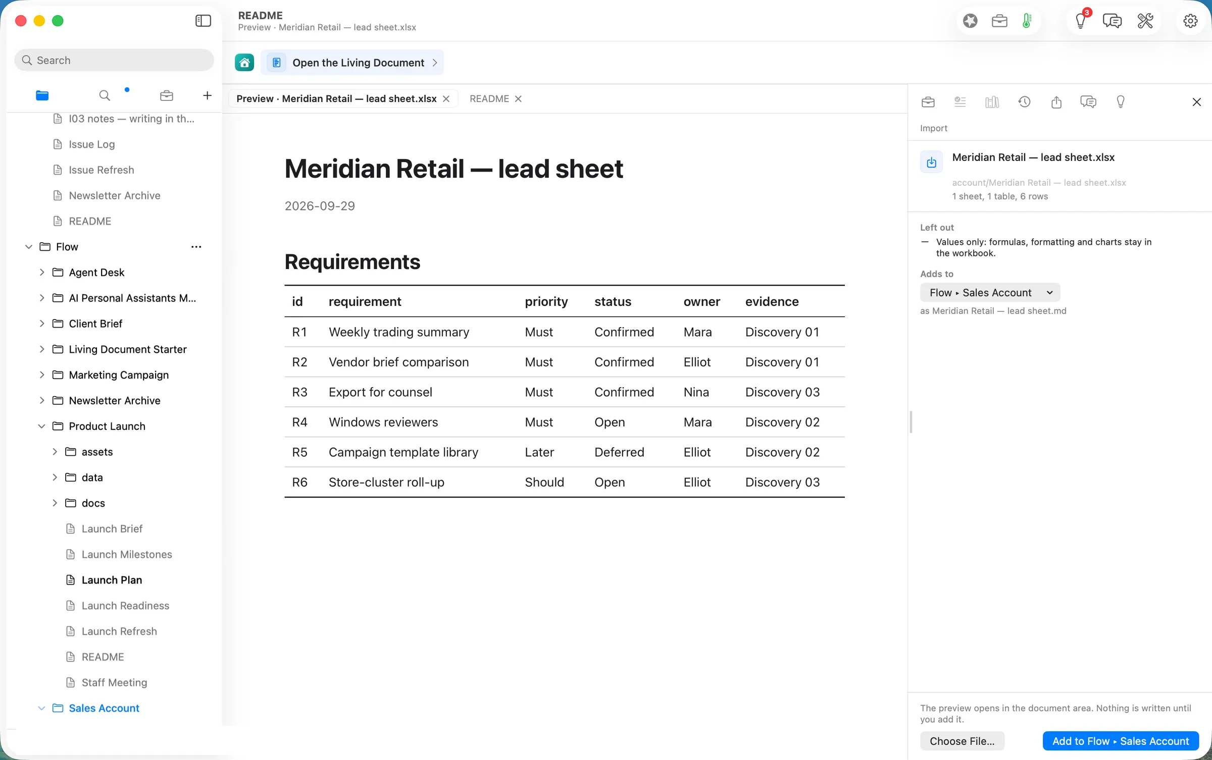 The Import preview: 1 sheet, 1 table, 6 rows, adding to the path's folder