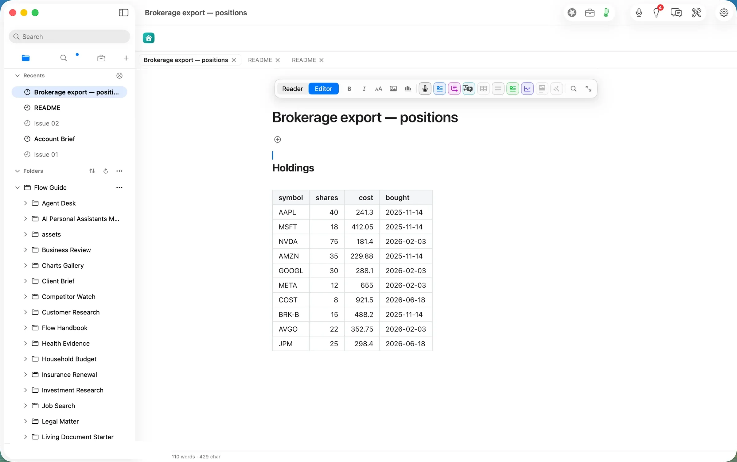 The imported holdings, an editable table beside the dashboard