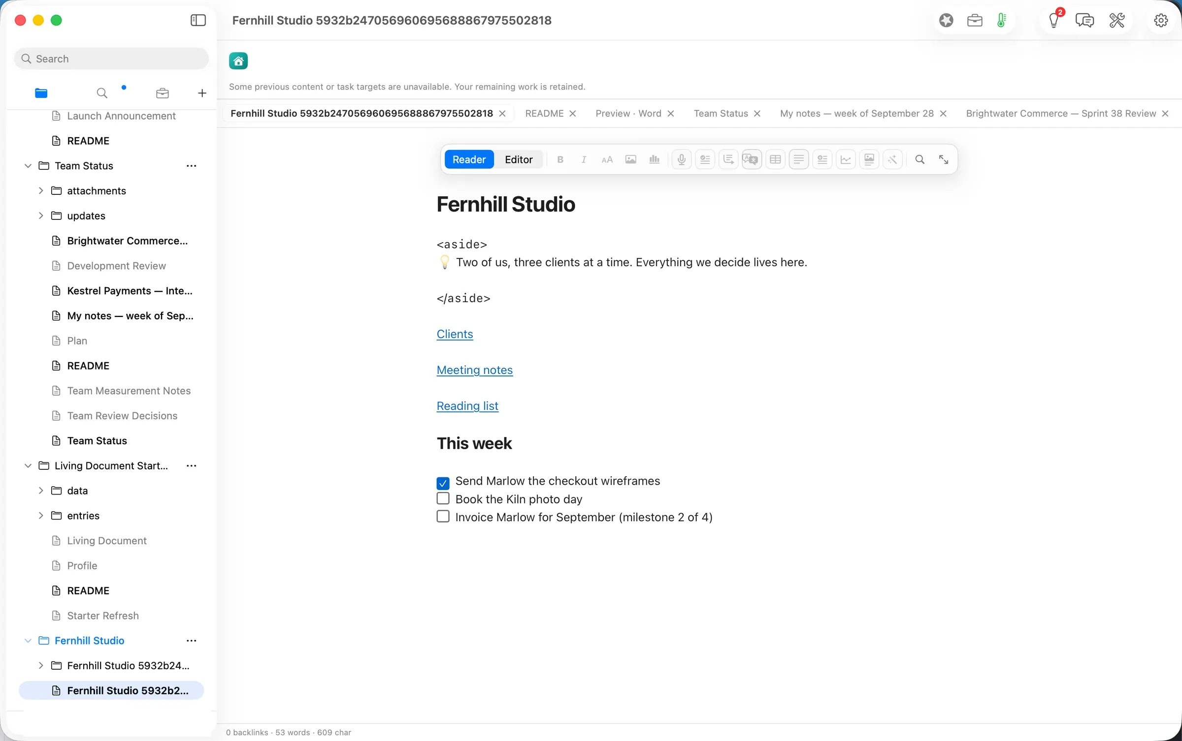 The workspace page as exported: links and to-dos