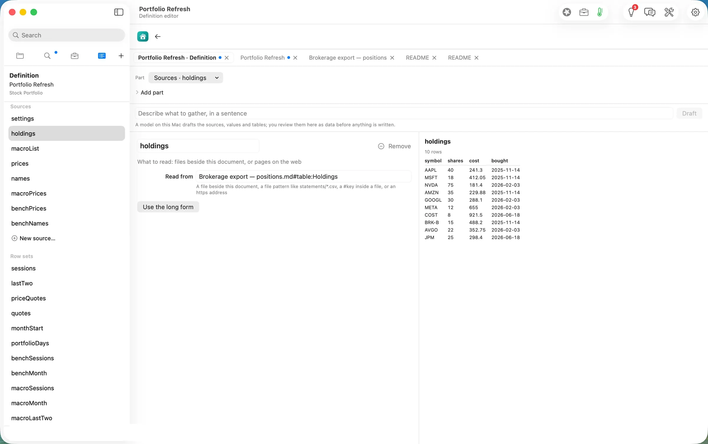 The definition editor: the holdings source now reads the imported table, and the preview shows its 10 rows