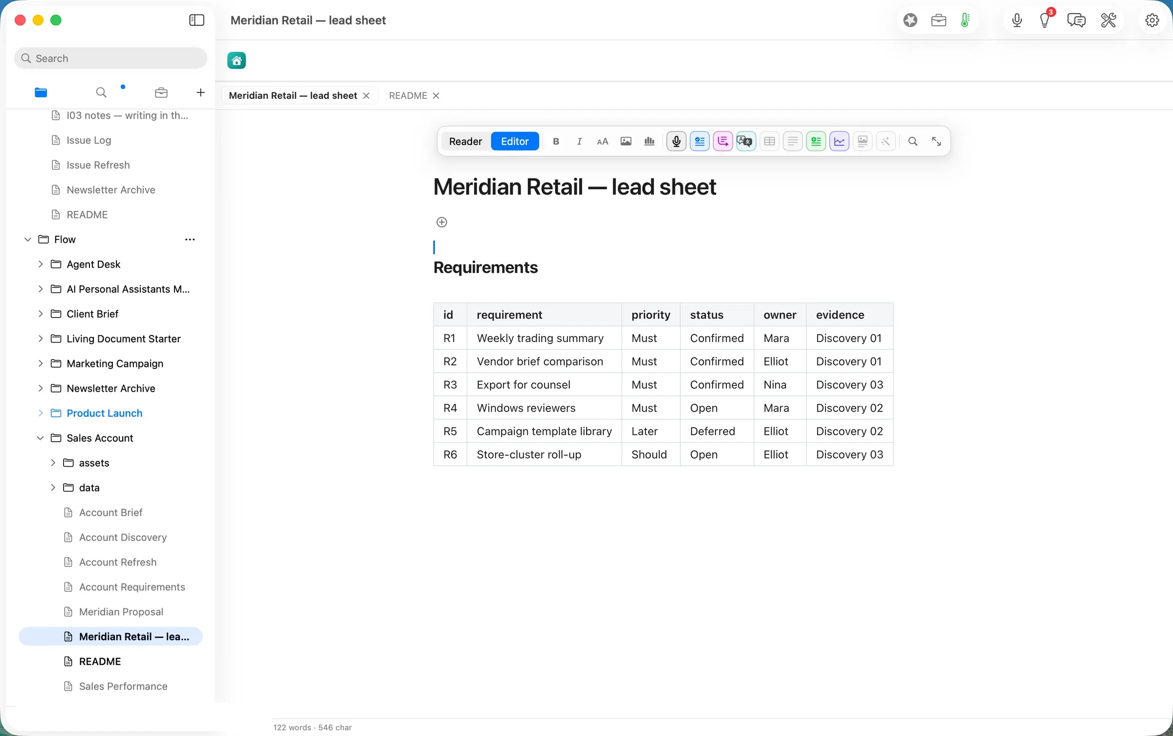 The imported lead sheet, an editable table in the account's folder