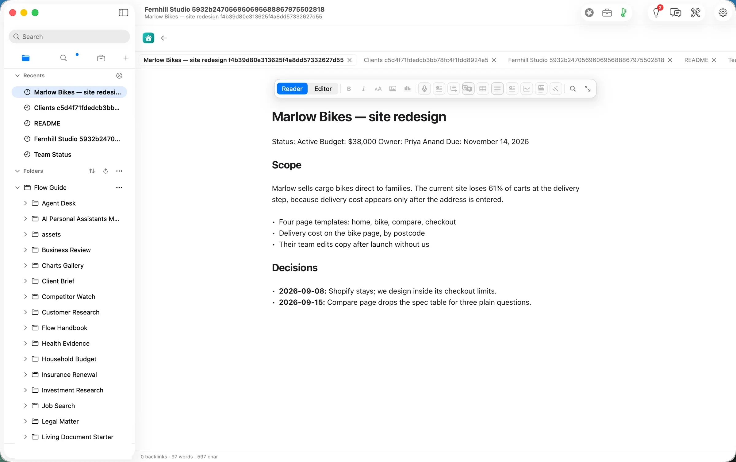Two links down: the client page, opened from the export's own links