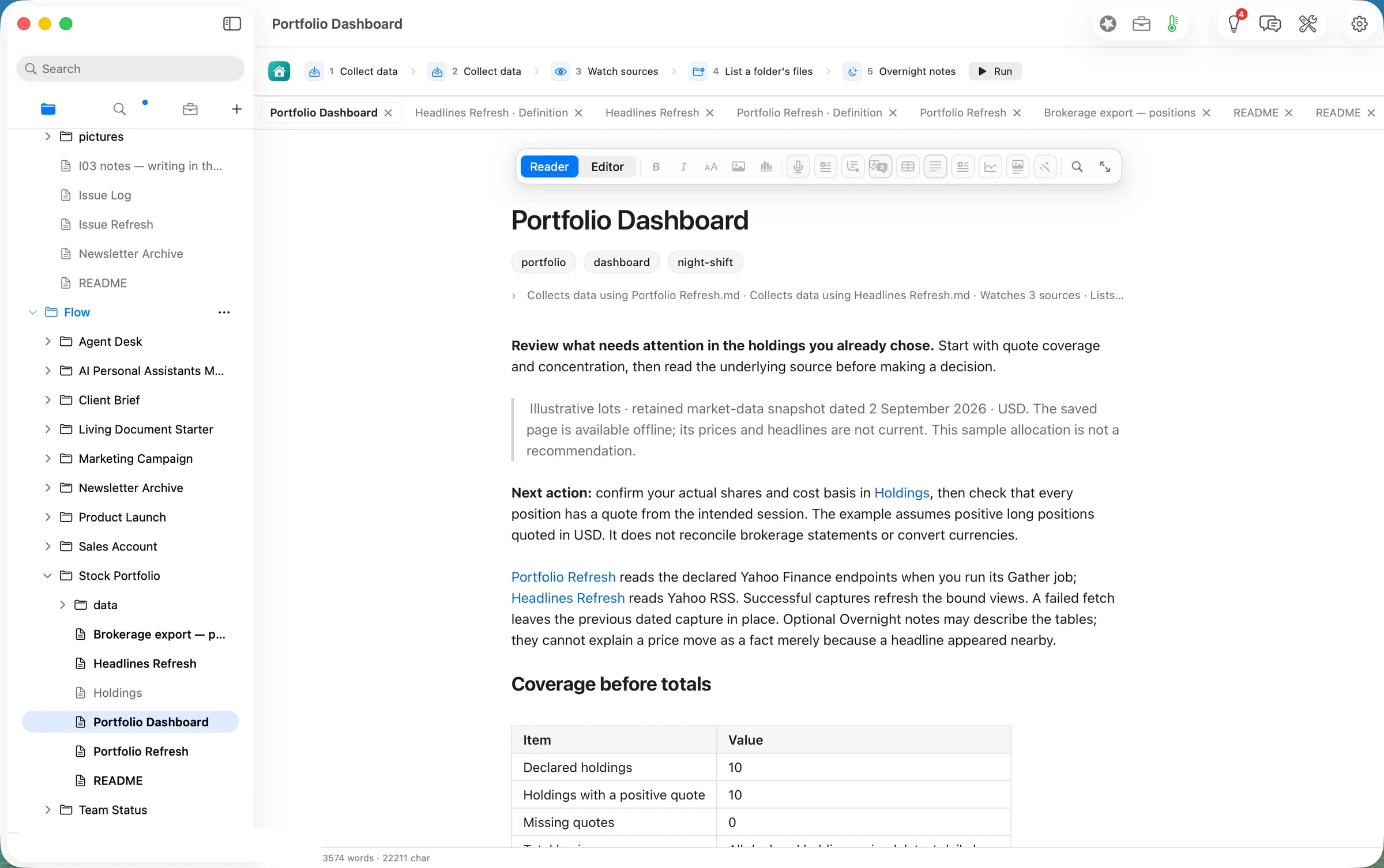Portfolio Dashboard and its five Jobs, before the run