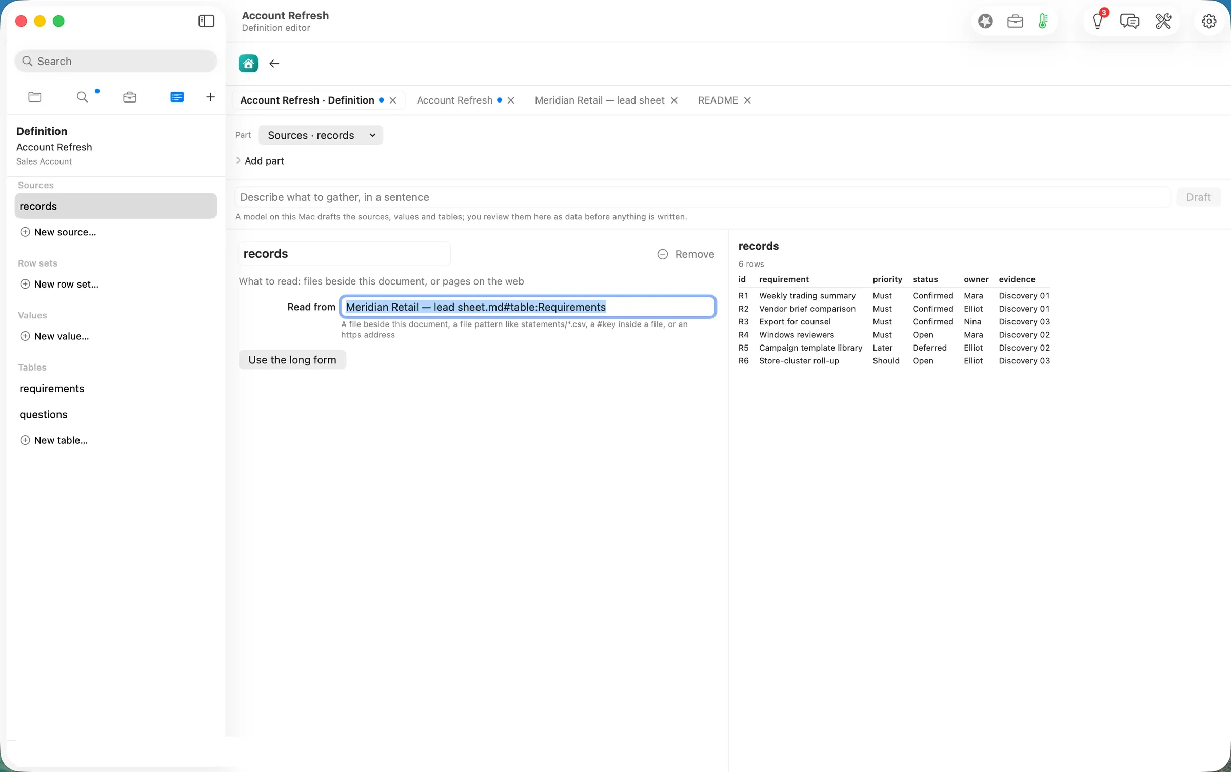 The definition editor: the source now reads the lead sheet, and the preview shows 6 rows