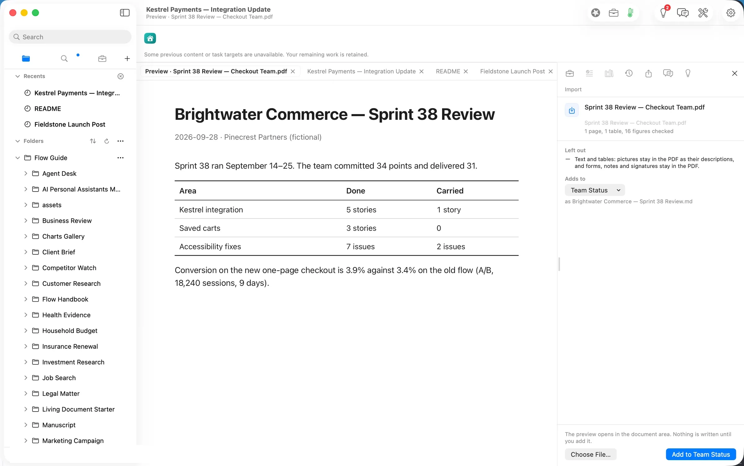 The sprint review PDF as a document, table intact