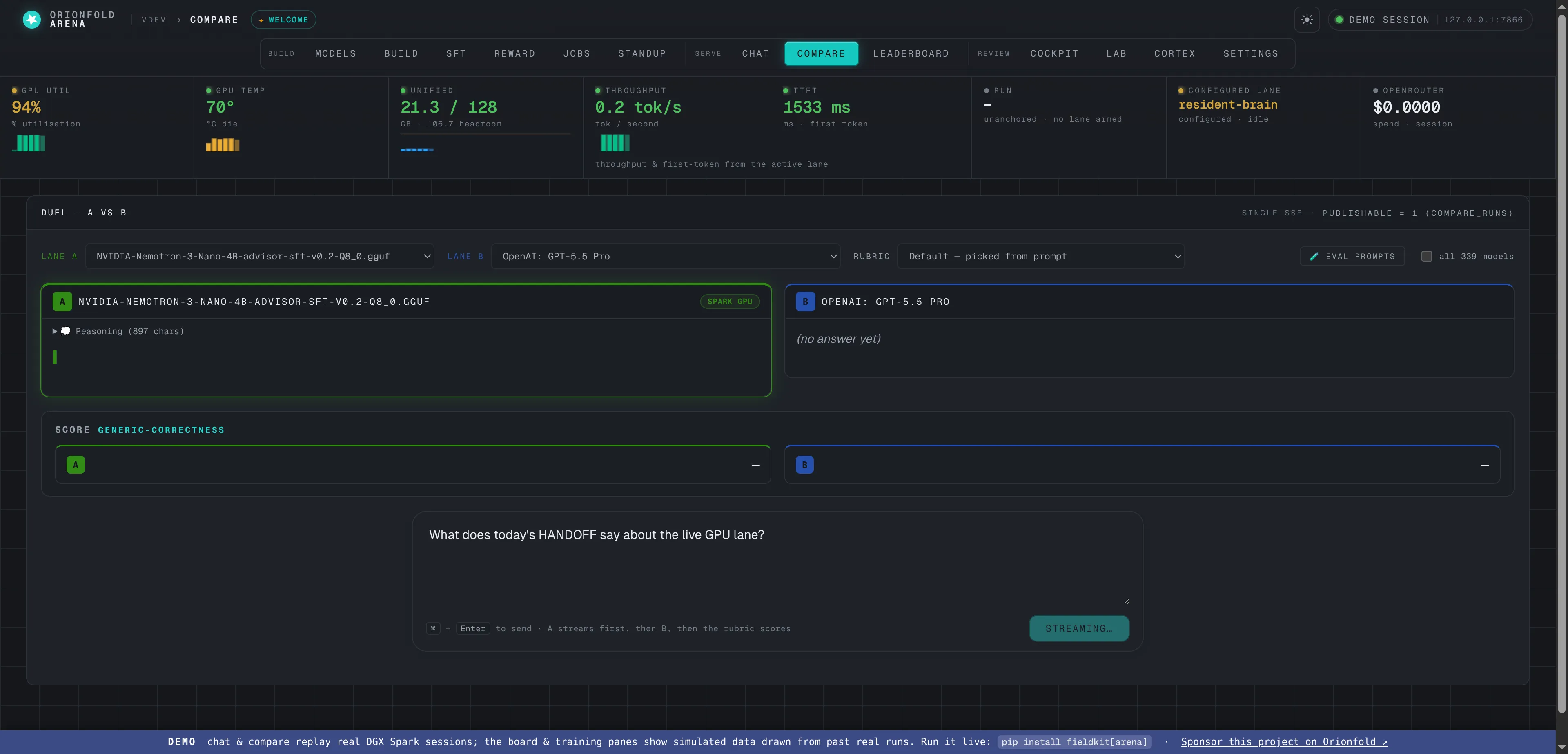 Compare: any model against any other, side by side, with metric cards over a session sparkline.