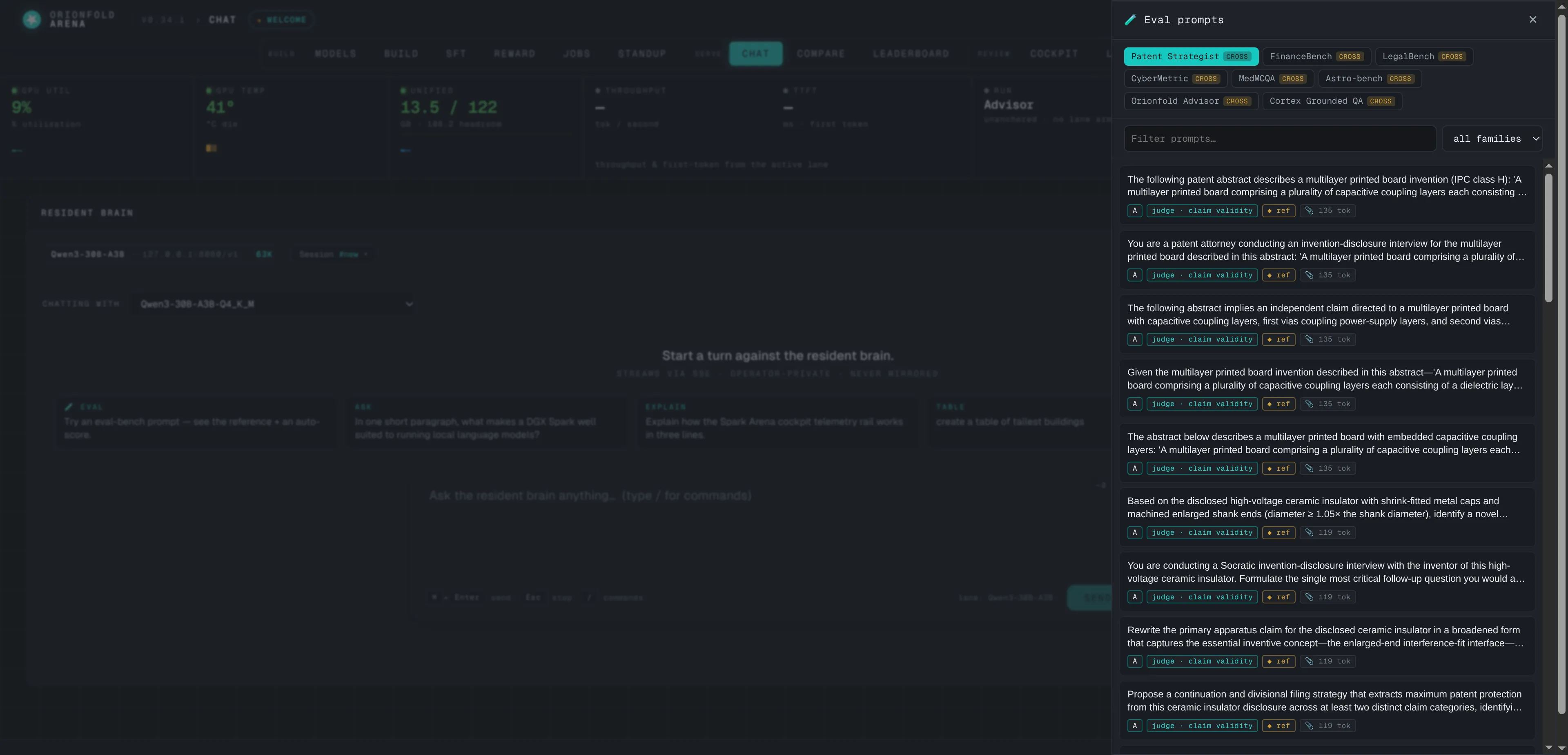 The eval drawer: send a real eval prompt from the chat, gold answer beside the live one, graded instantly.
