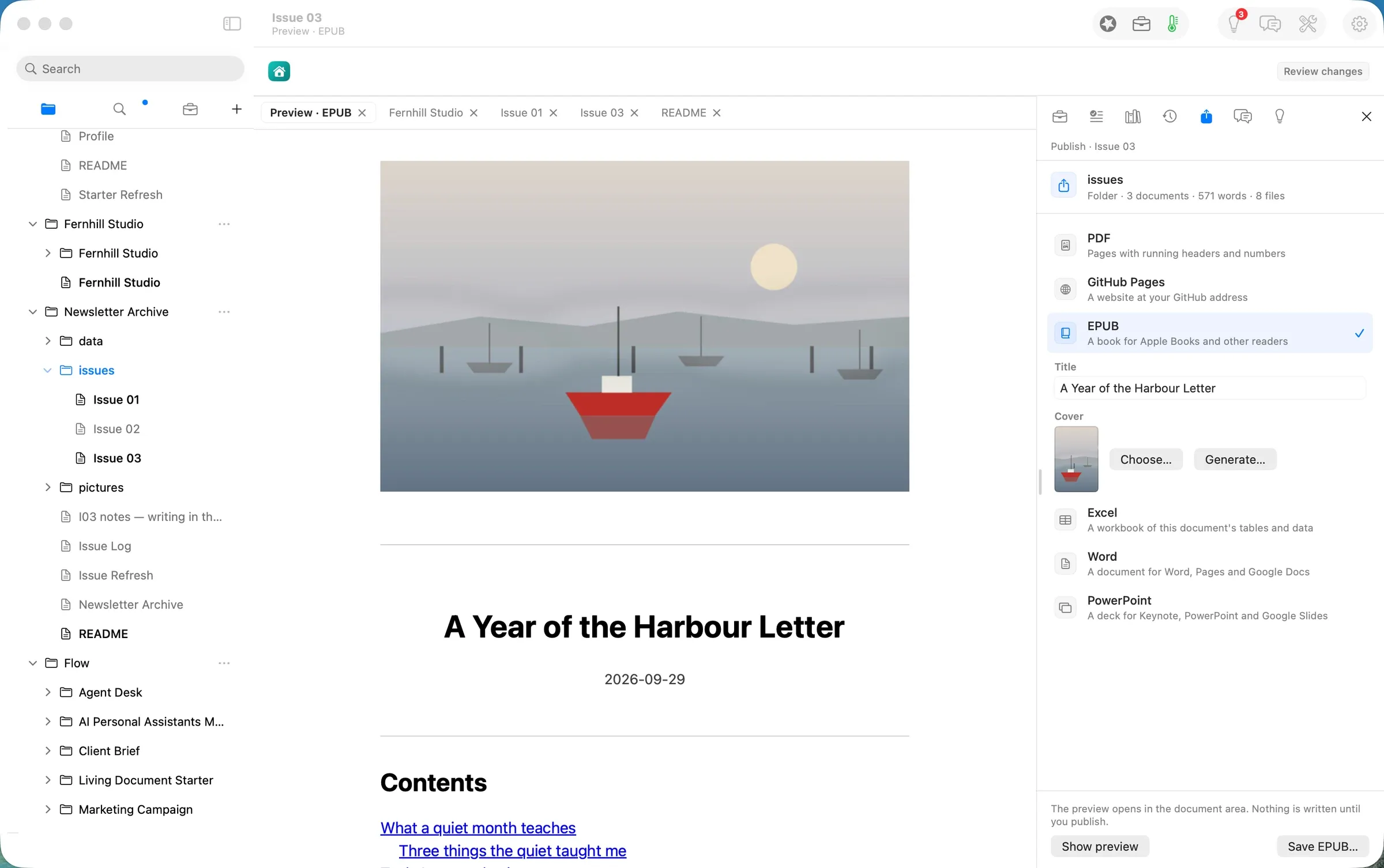 Publish ▸ EPUB: title, cover and the book's preview