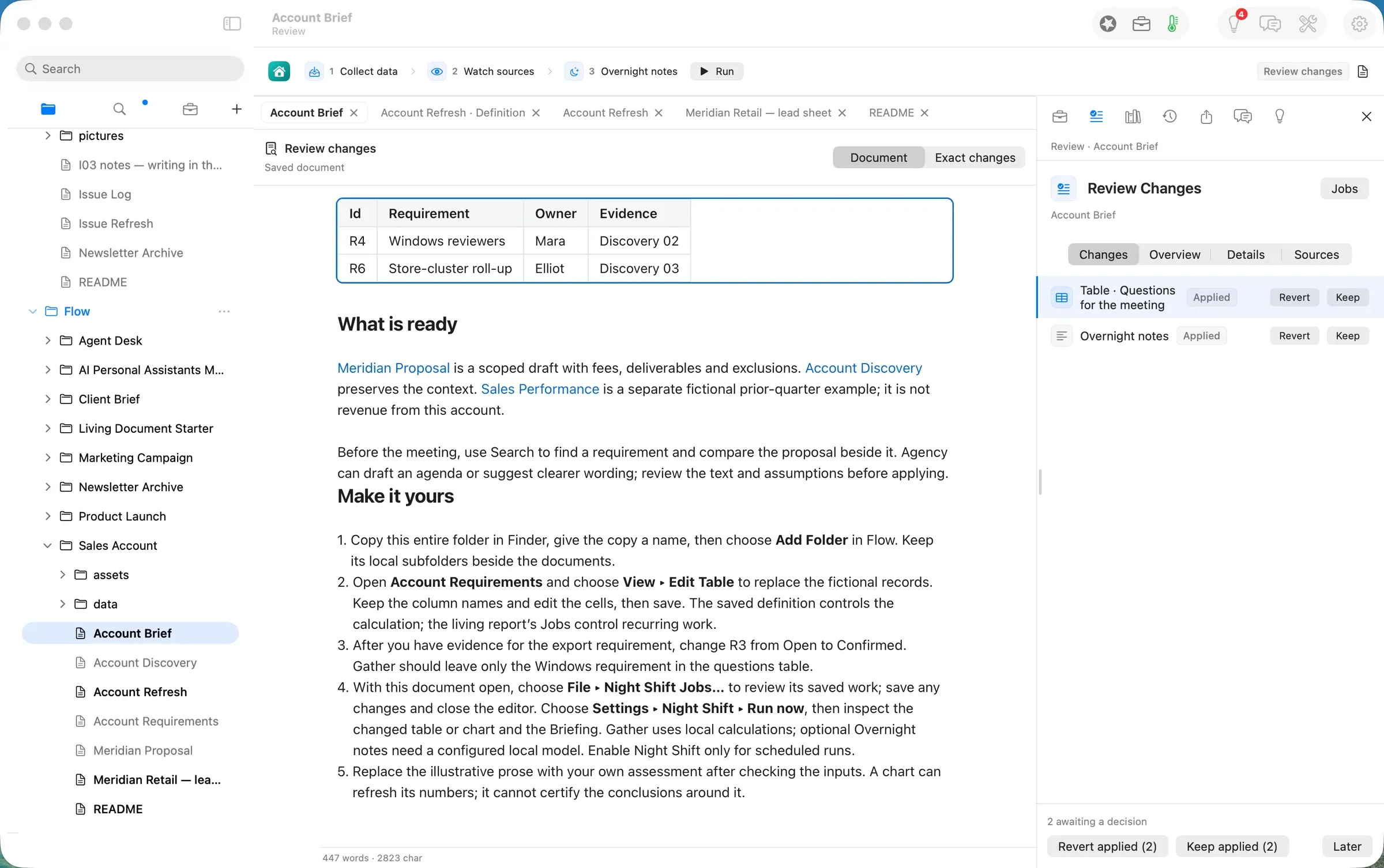 Review Changes: the questions table and the overnight notes, each Applied with Revert and Keep