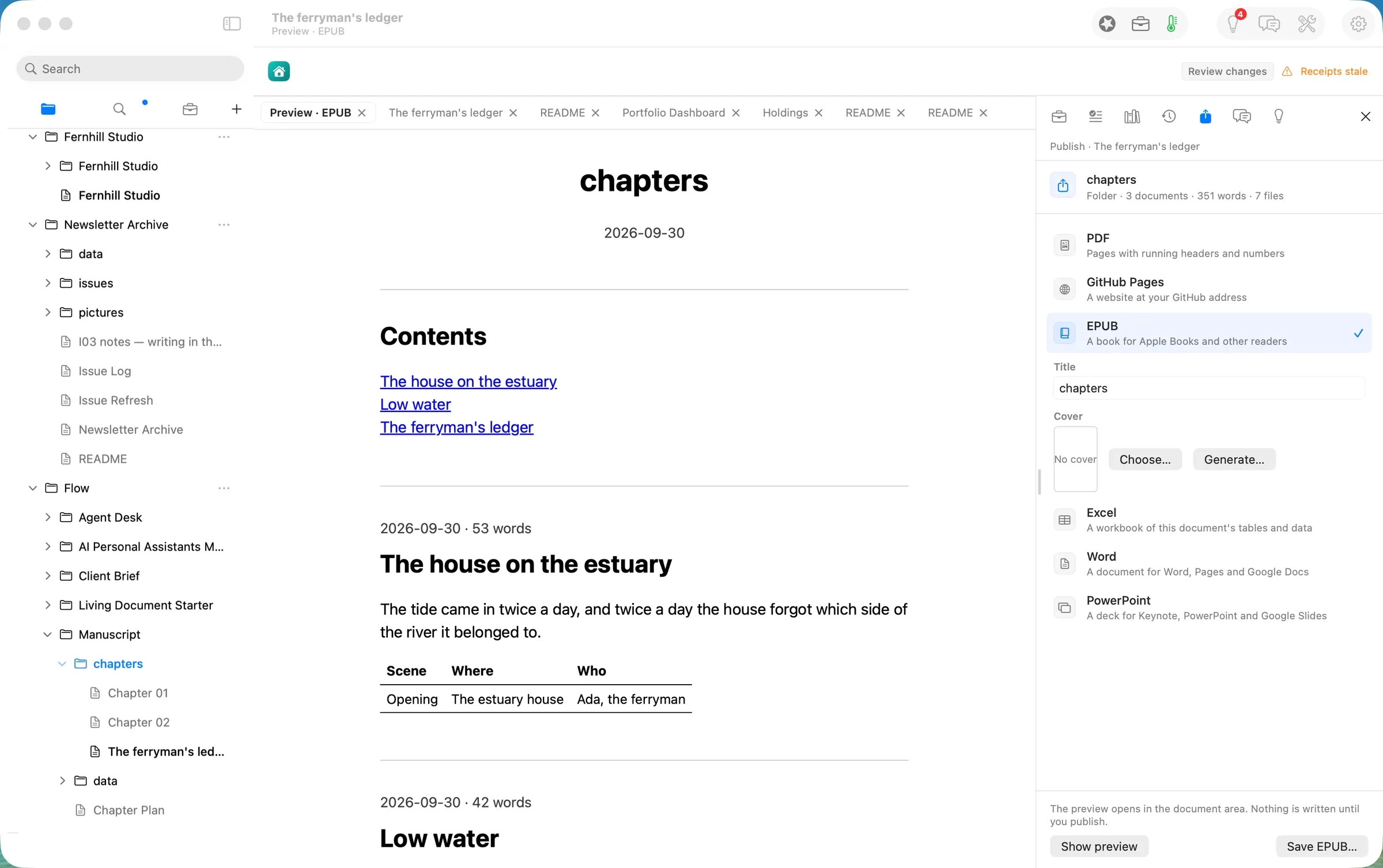 The EPUB row and its preview: a contents page with three chapters