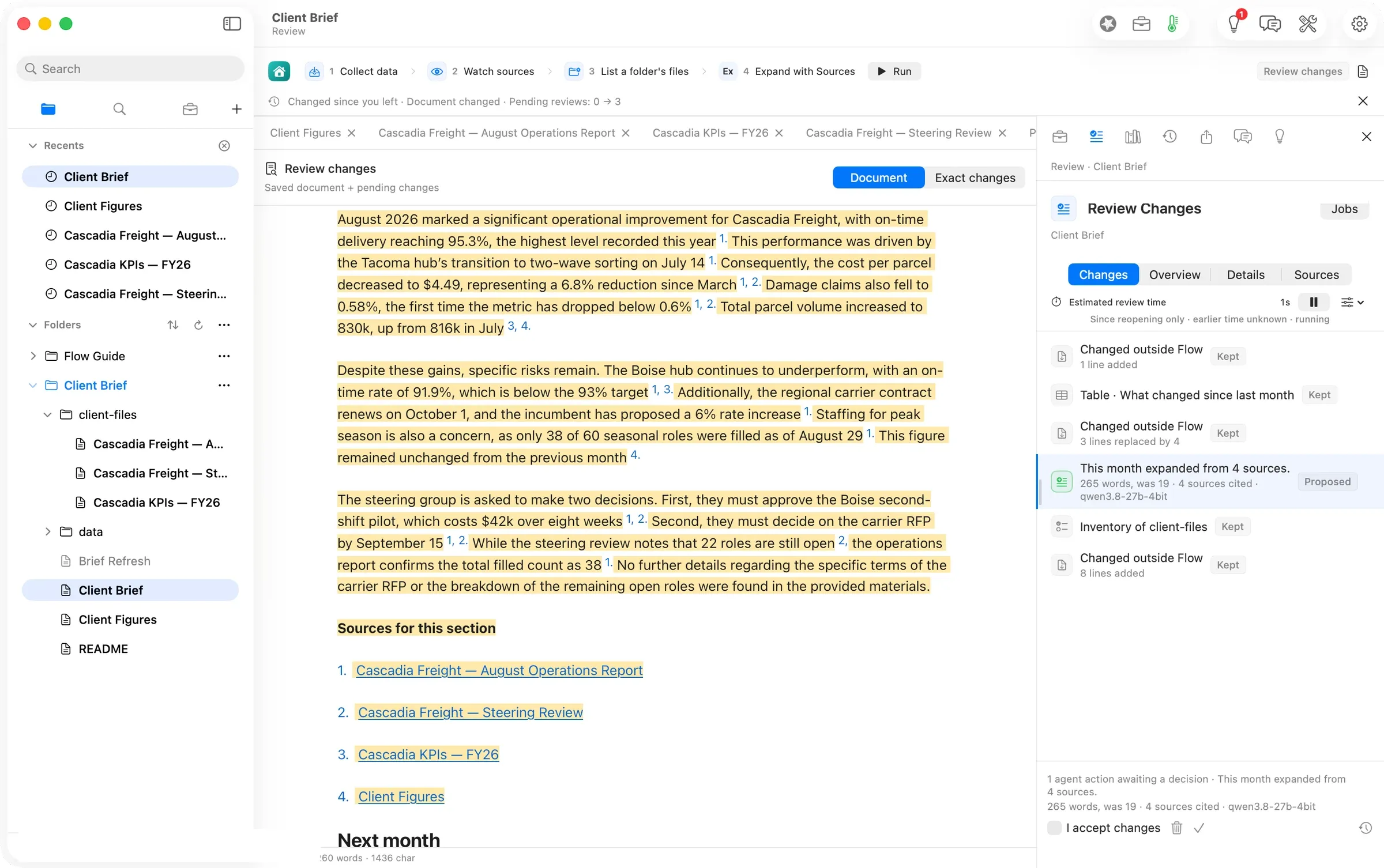 The proposed summary, every sentence cited, waiting for approval