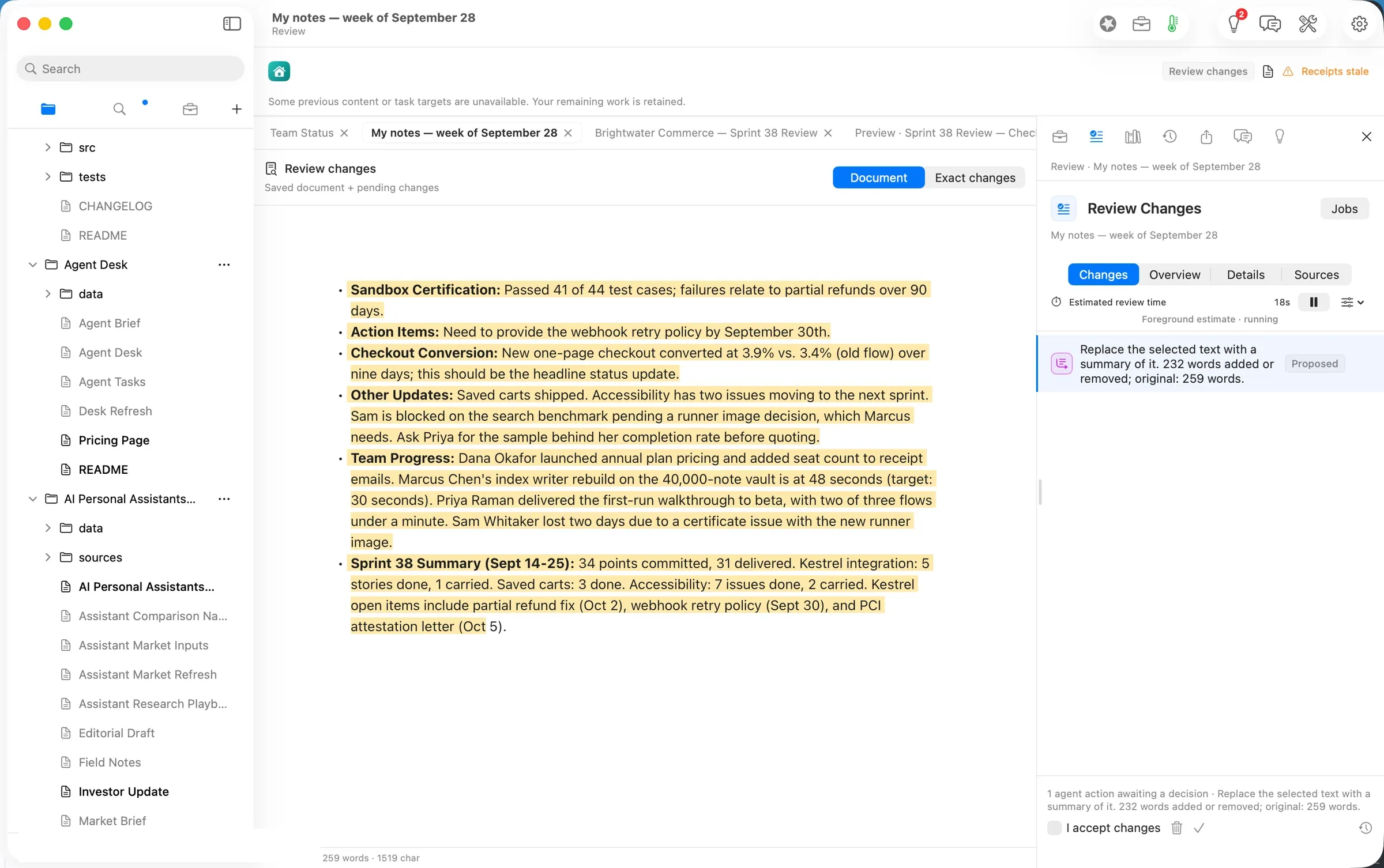 Summarize proposes; the review shows exactly what it would replace