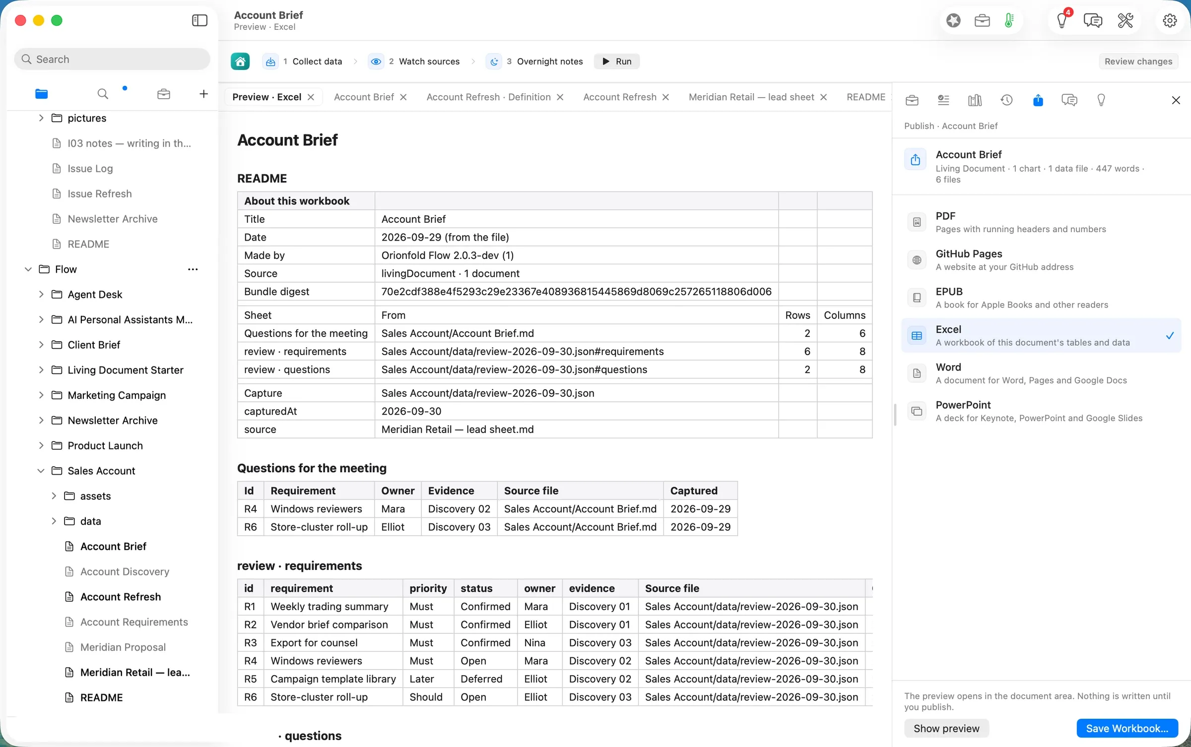 The Excel preview: a README sheet naming every sheet's source, then the data with Source file and Captured columns