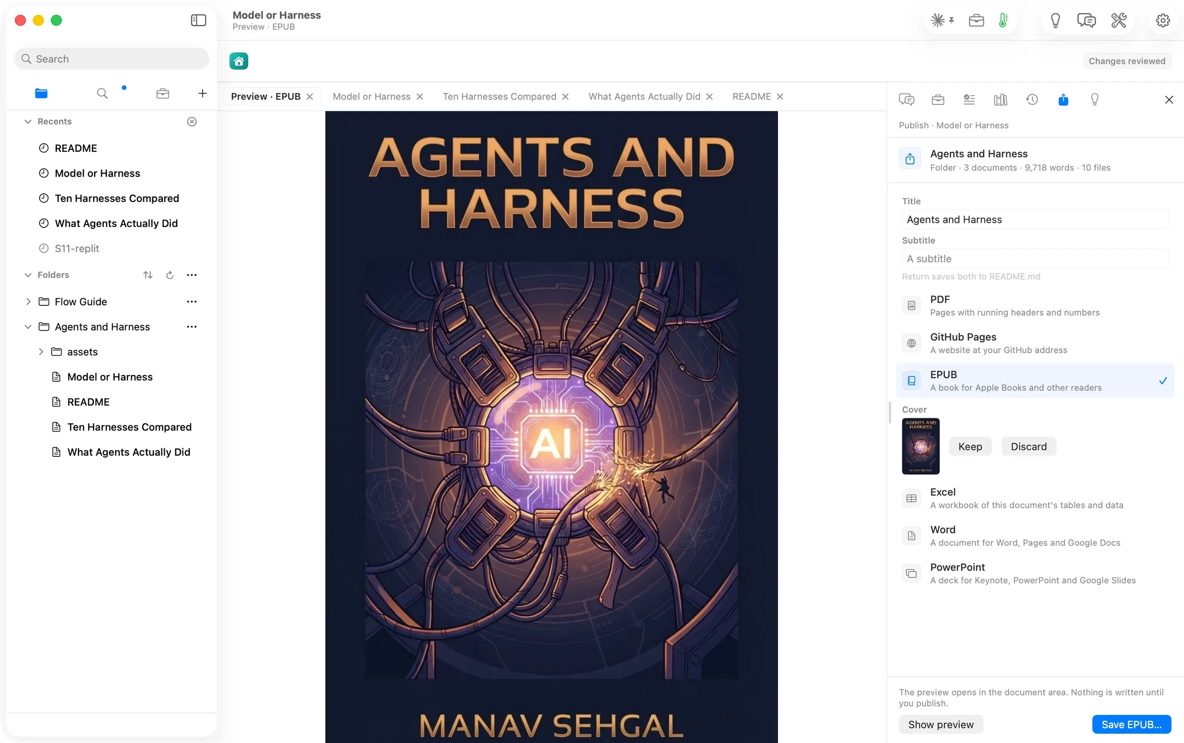The cover, in the EPUB preview beside the Publish panel