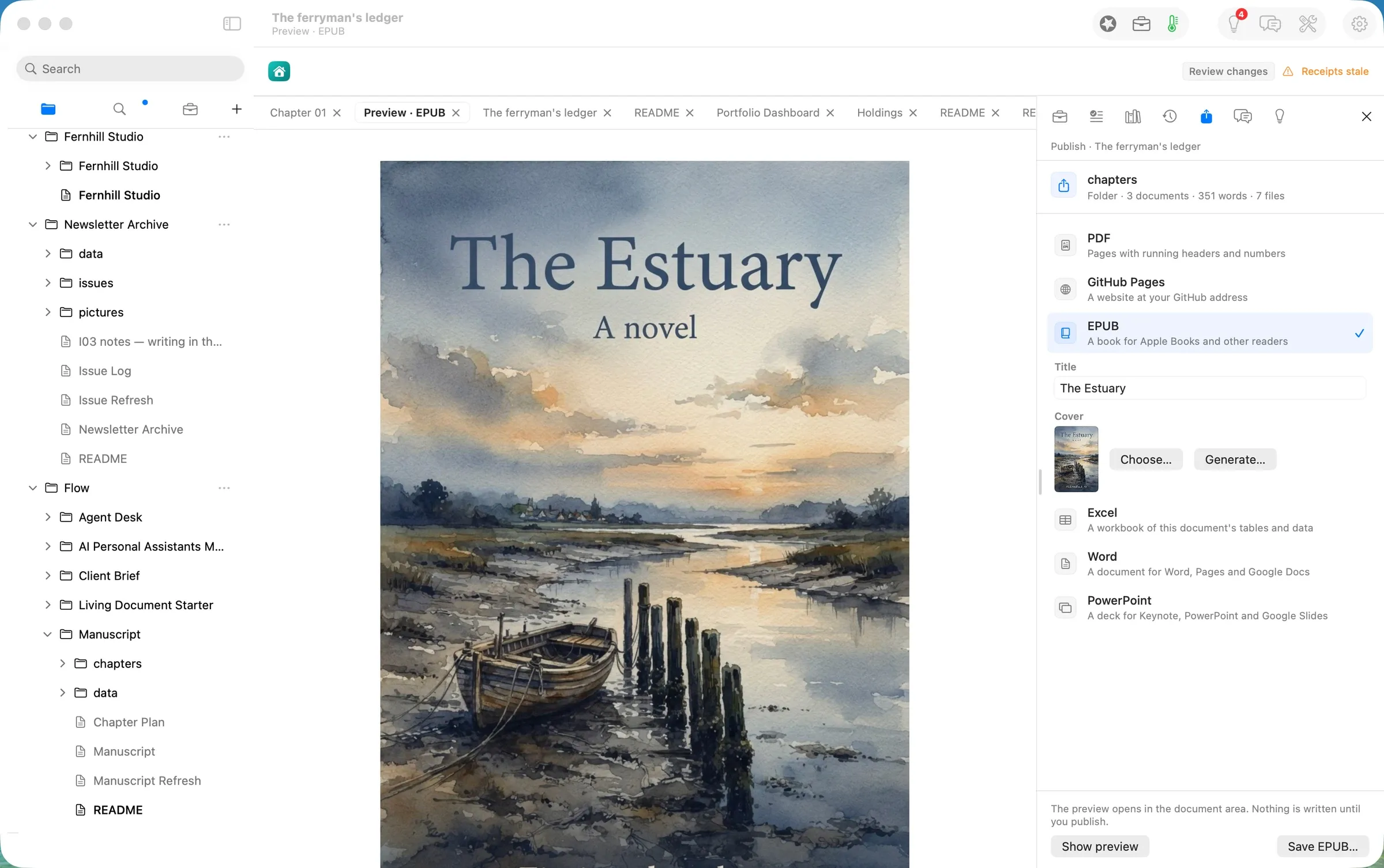 The EPUB preview, opening on the generated cover