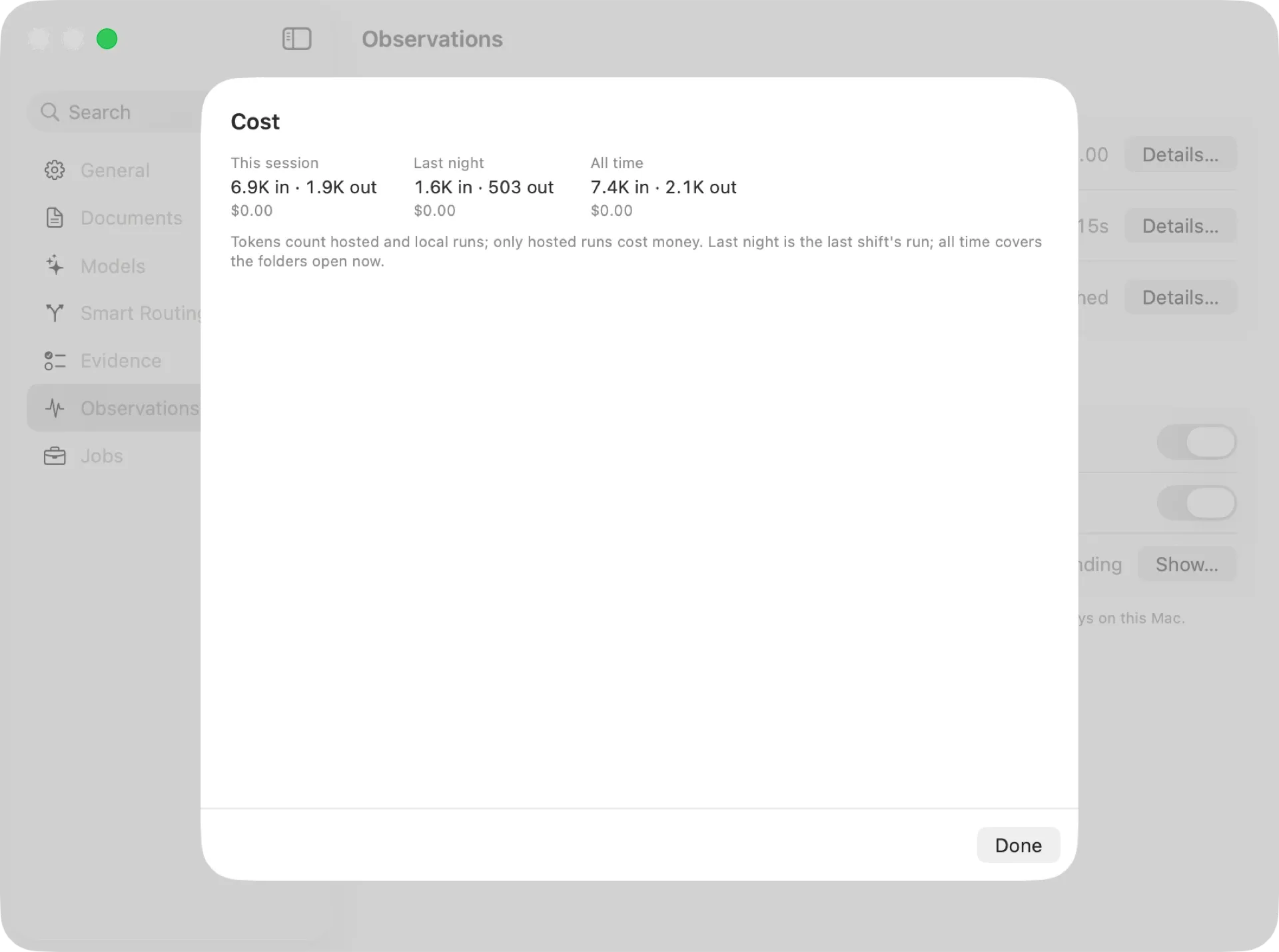 Settings ▸ Observations ▸ Cost: 6.9K tokens in, 1.9K out, $0.00