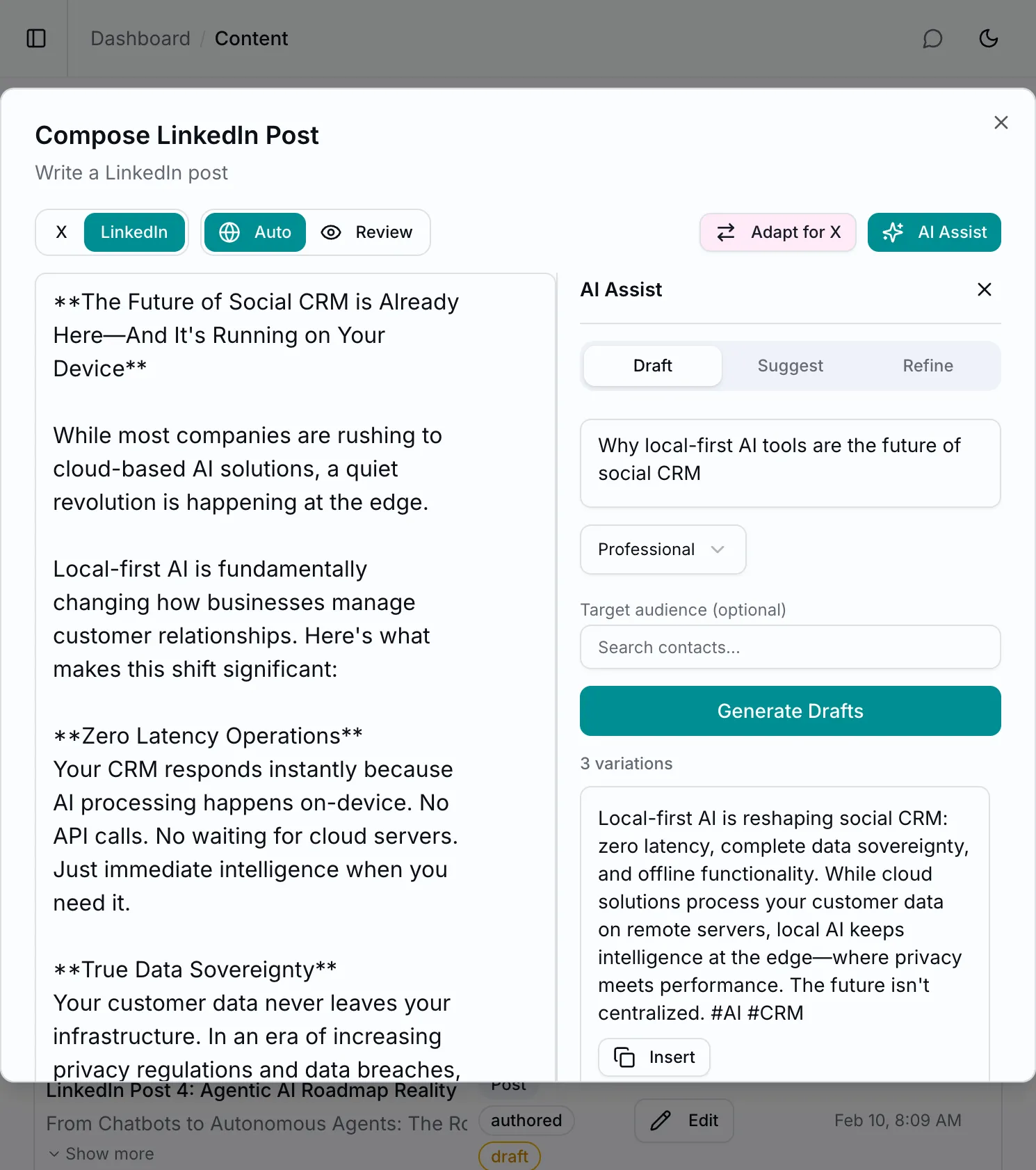 A post being reshaped from X to LinkedIn with the longer format applied.