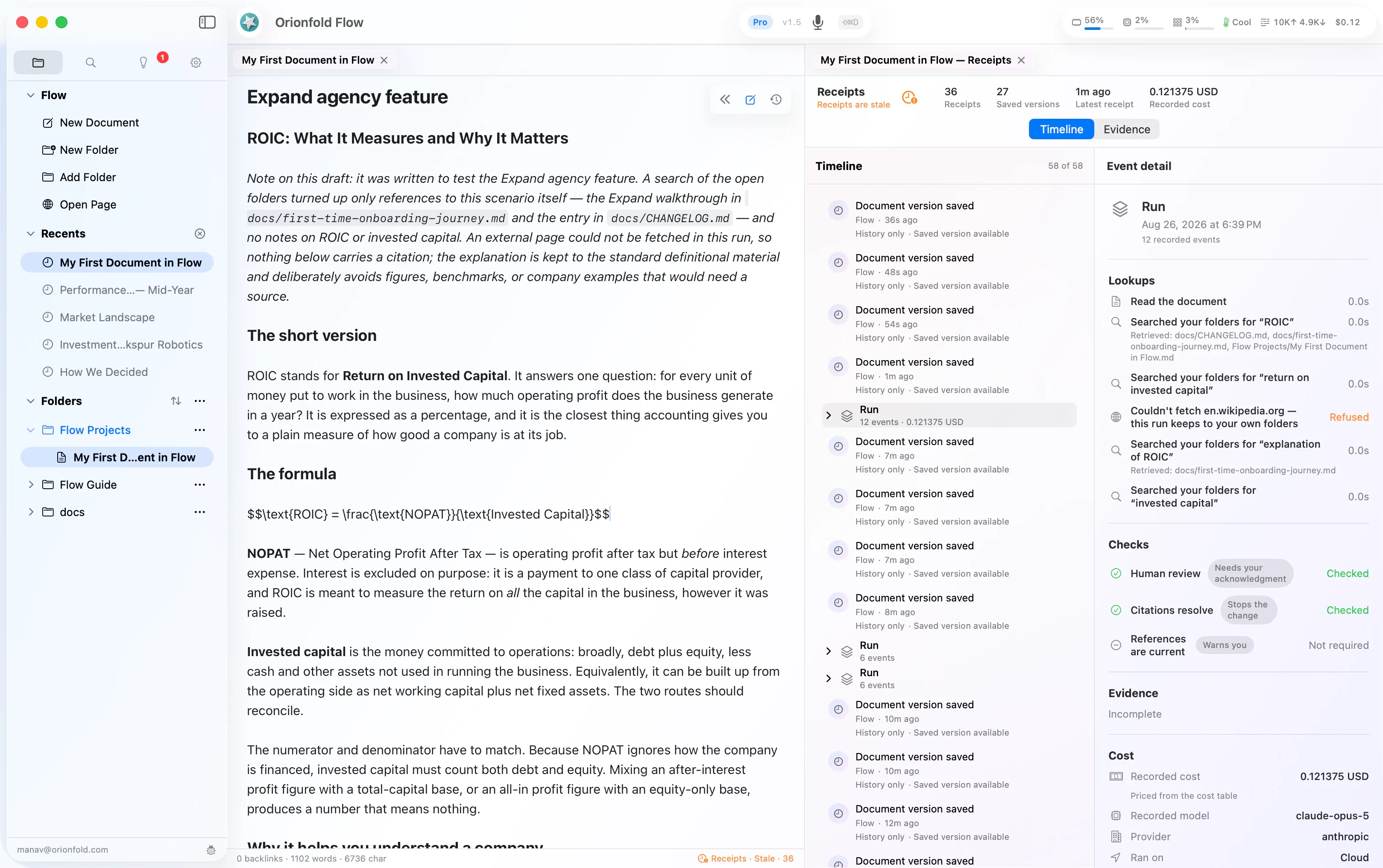 Flow's Receipts timeline beside the document, with one hosted run opened in the event detail: its lookups, named checks, evidence, and the recorded cost.