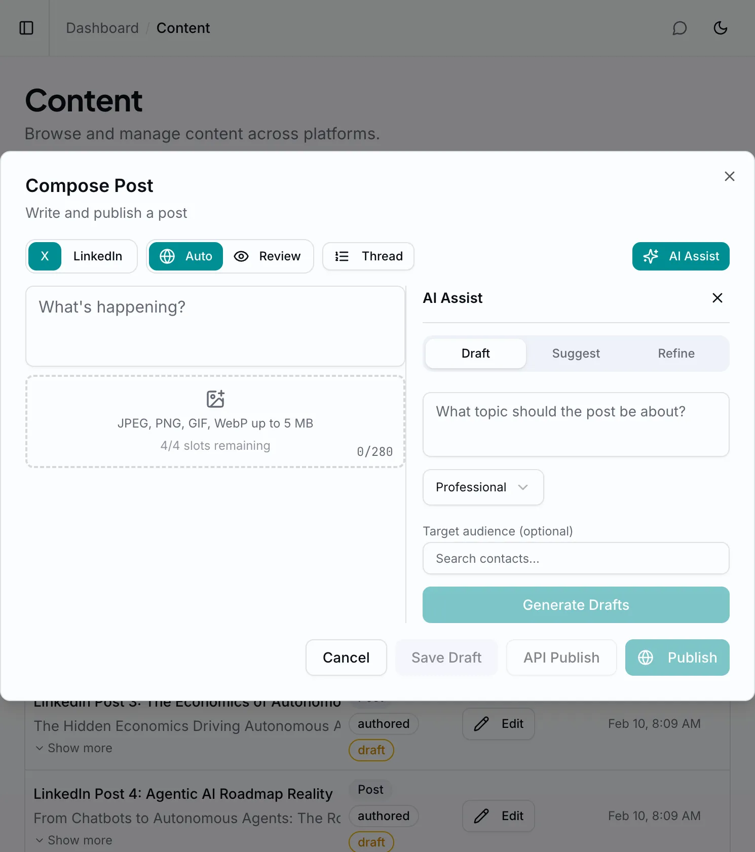 The OpenVolo compose screen with an AI assist panel drafting a post.