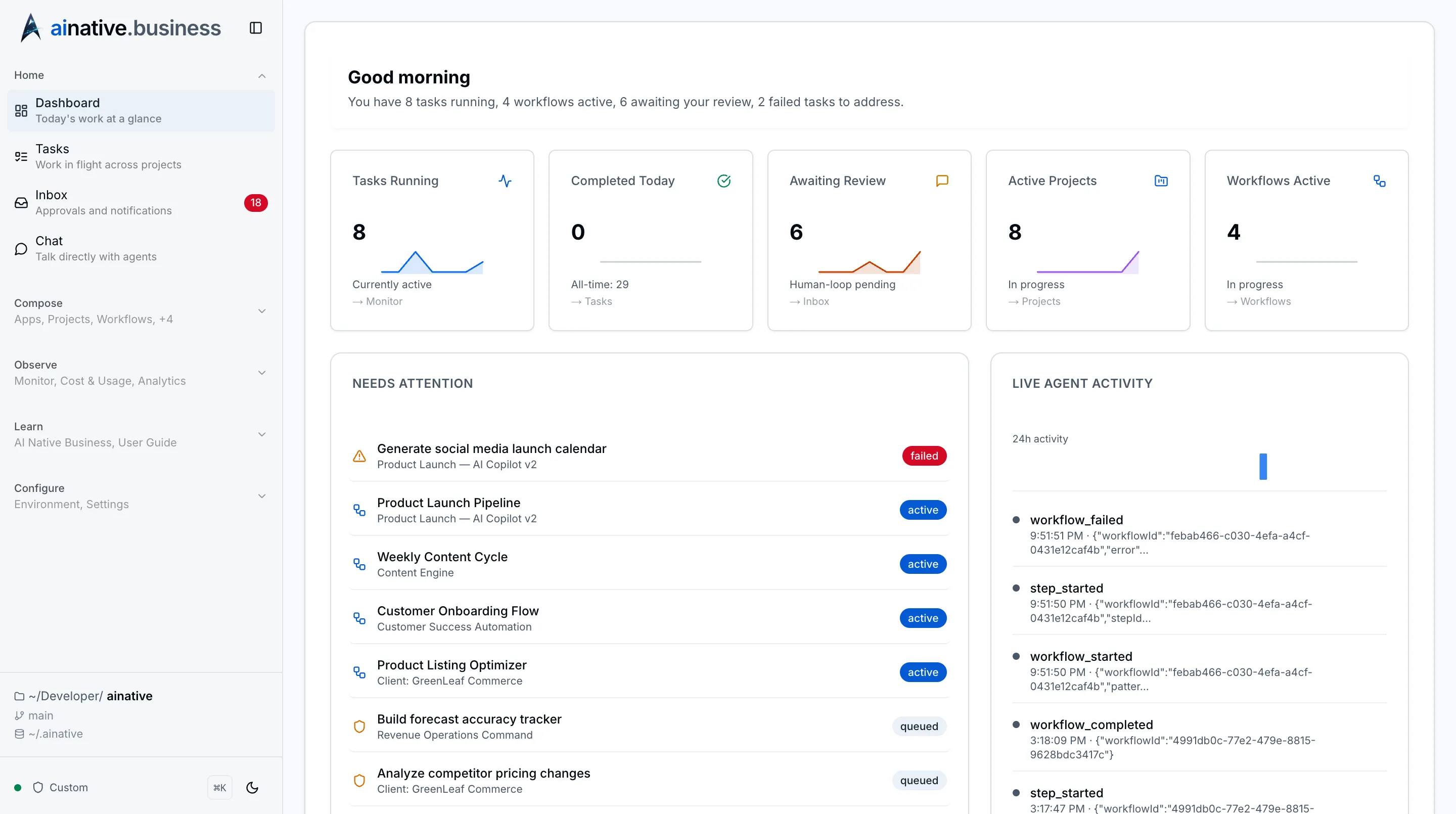 The AI Native Platform screen showing a task running step by step.