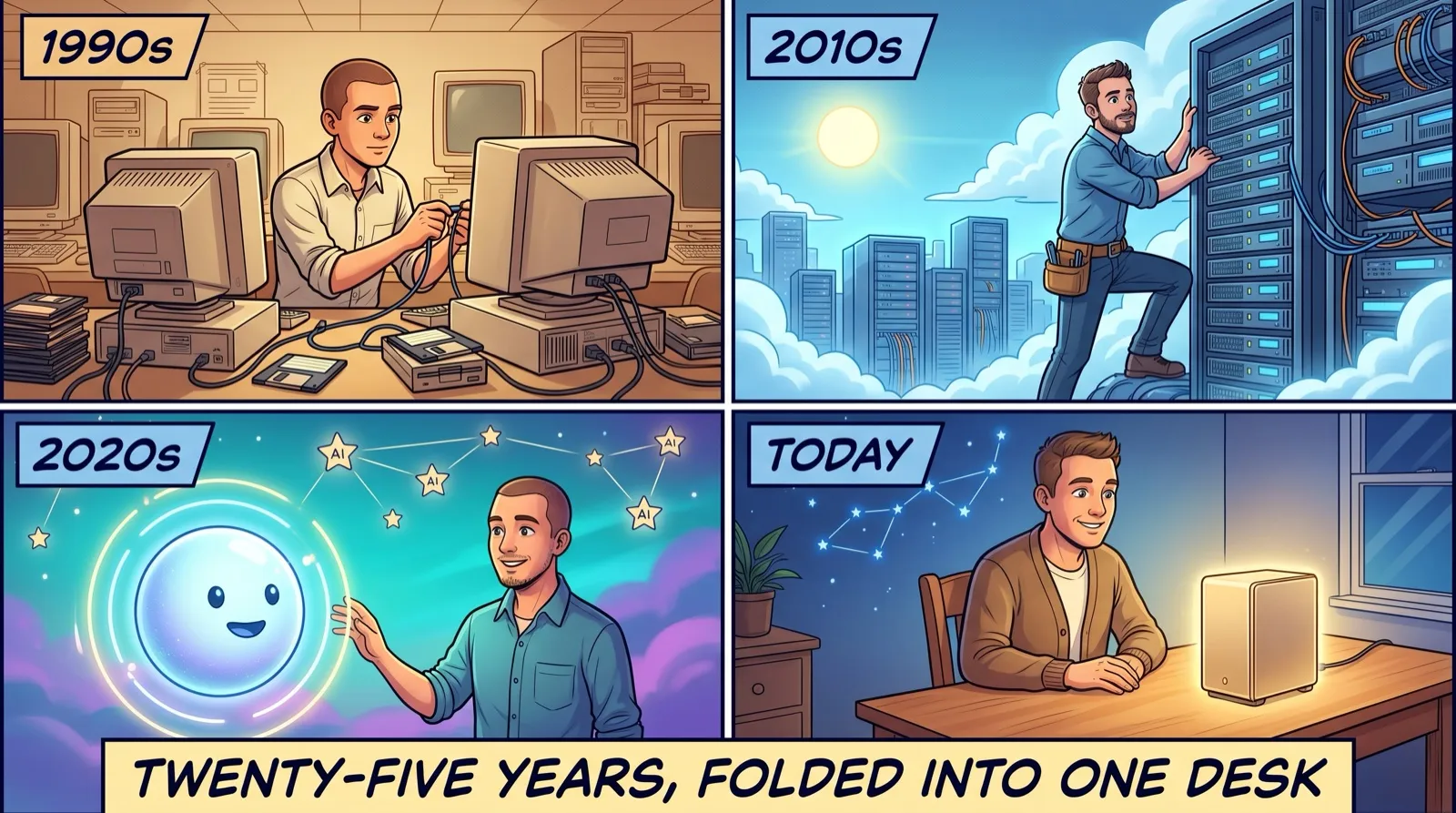 Four-panel comic of a 25-year journey: a 1990s computer lab, a 2010s cloud city, a 2020s glowing voice assistant with a constellation of AI models, and today a builder at a home desk with a small glowing gold computer. A banner reads: Twenty-five years, folded into one desk.
