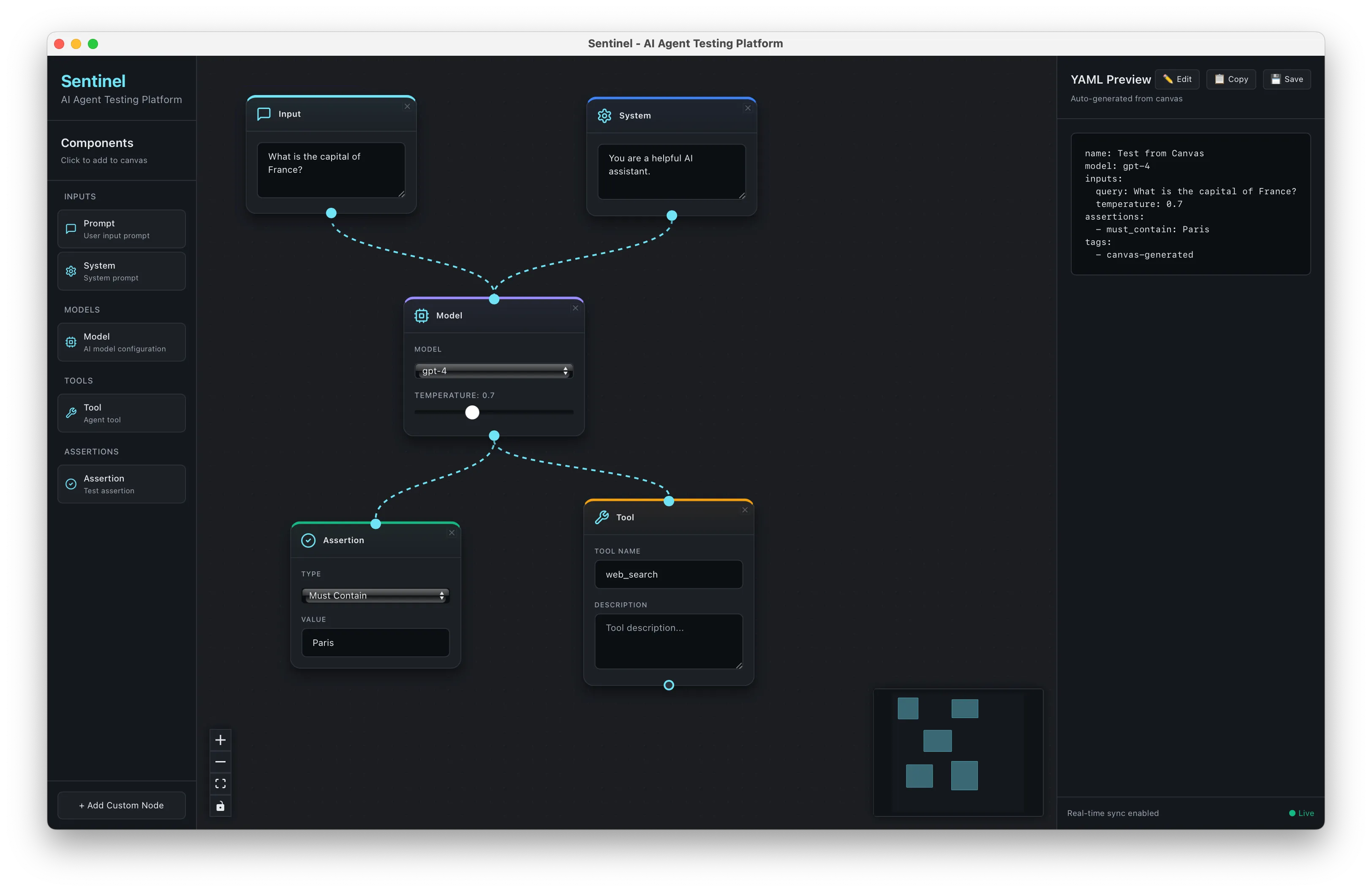 The Sentinel visual canvas with a test built from connected boxes and a palette of node types.