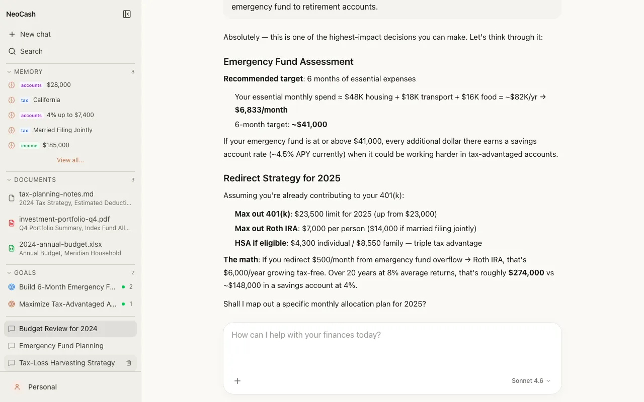 A NeoCash chat answering a budget question with a table and clear next steps.