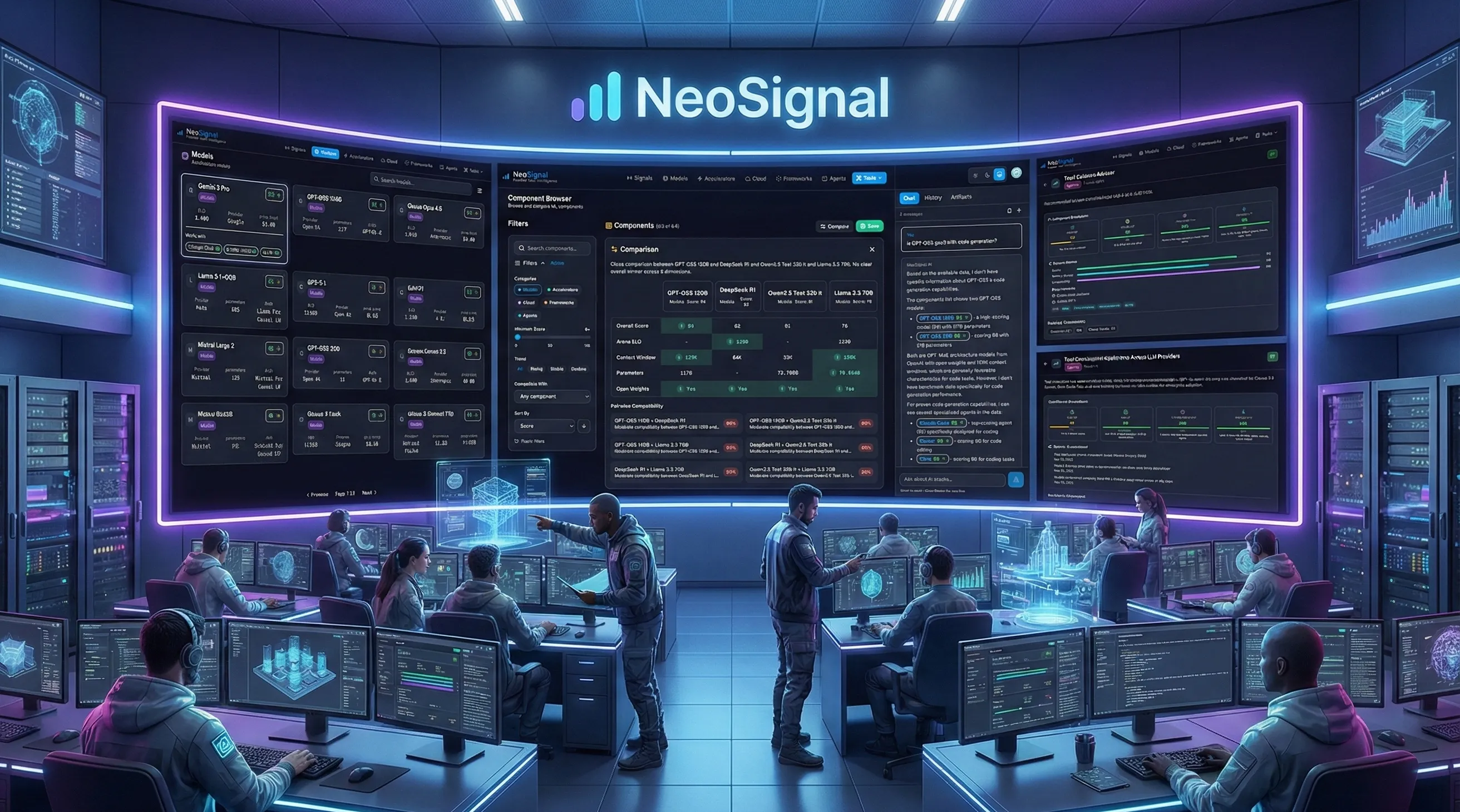 The neosignal home screen with featured signals, top models, and tools.