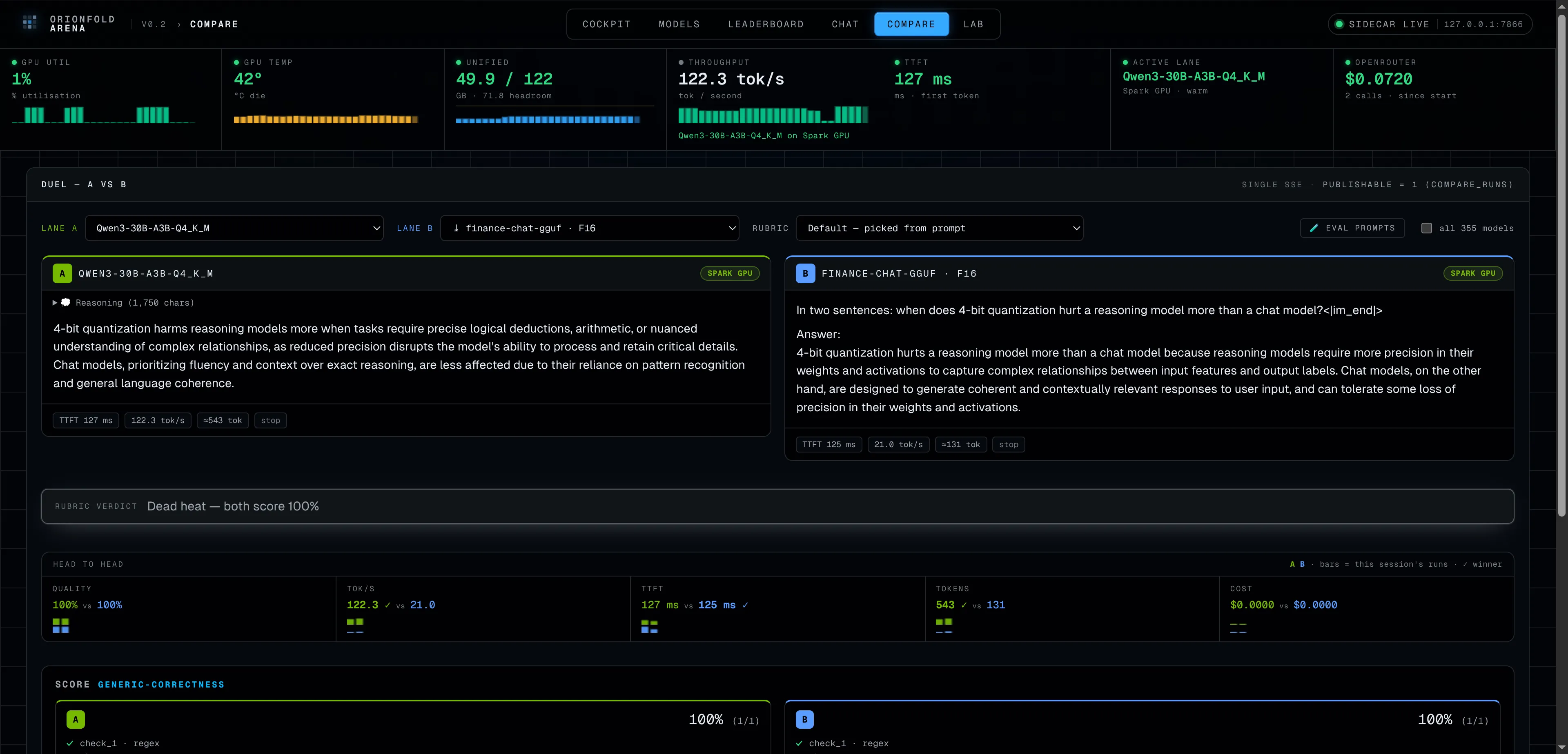 The compare screen showing two models answering the same question side by side, with cards for quality, speed, wait time, length, and cost.