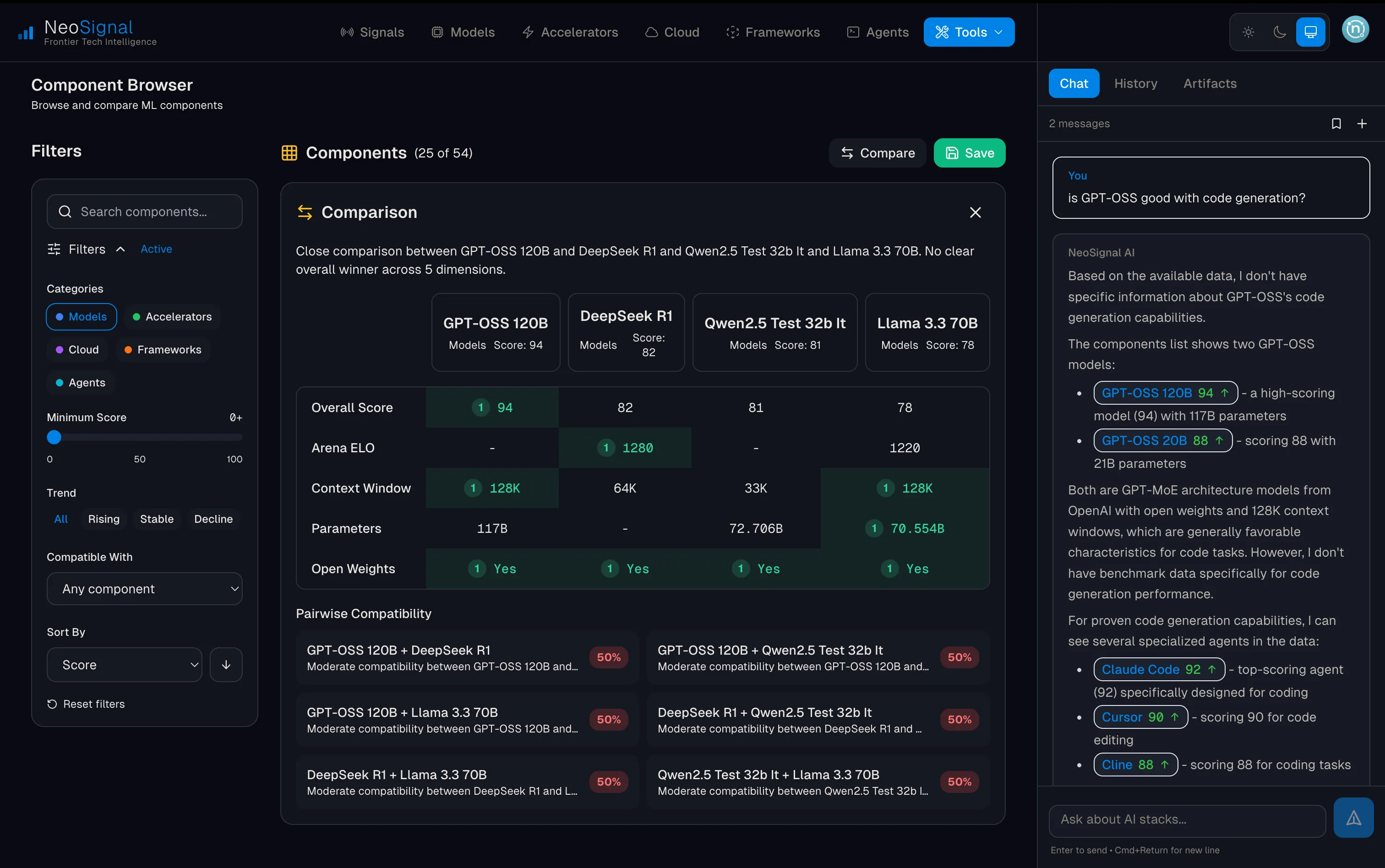 A browser listing AI models and hardware with scores and trend arrows.