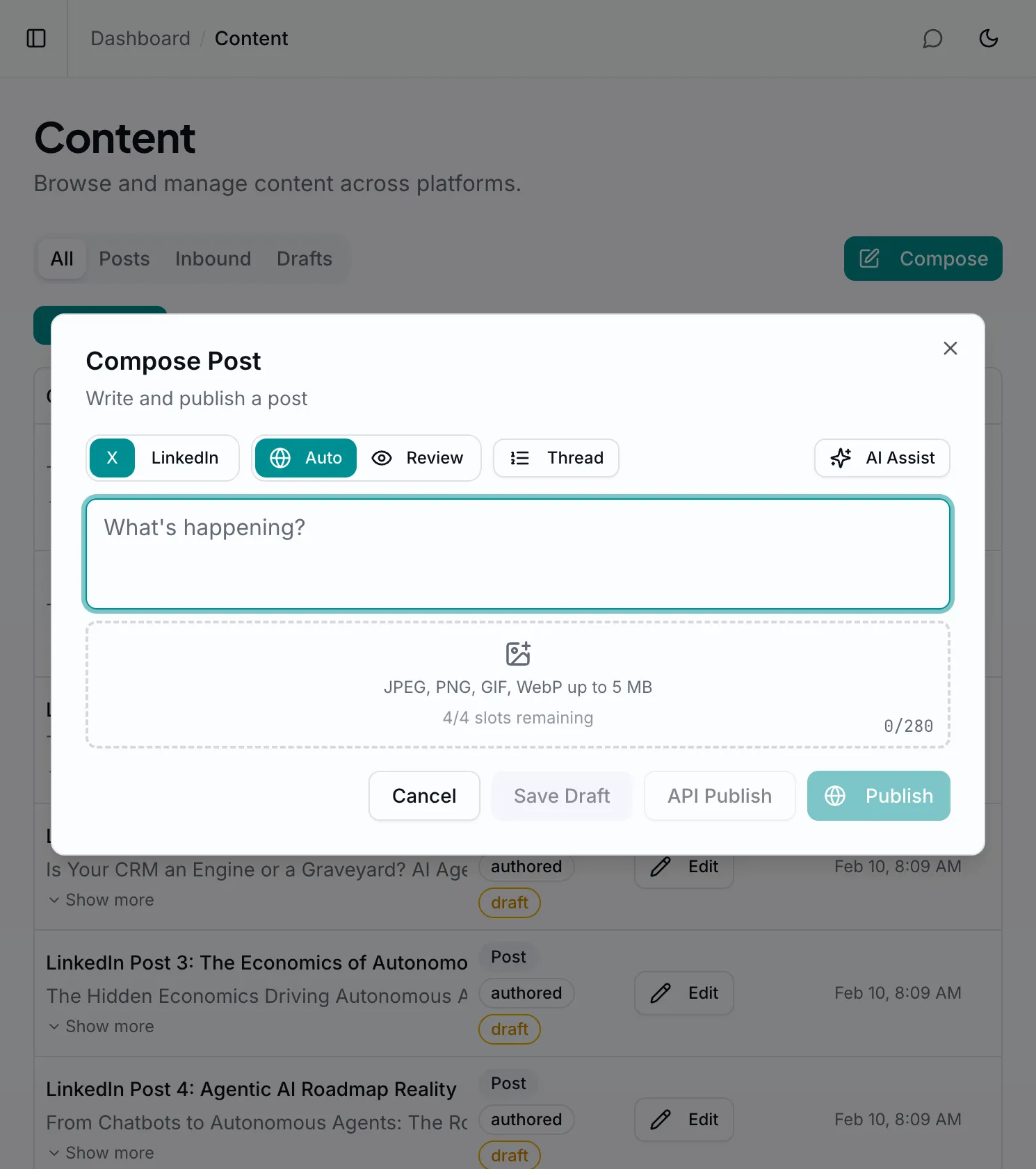The compose dialog for a new post before any text is added.