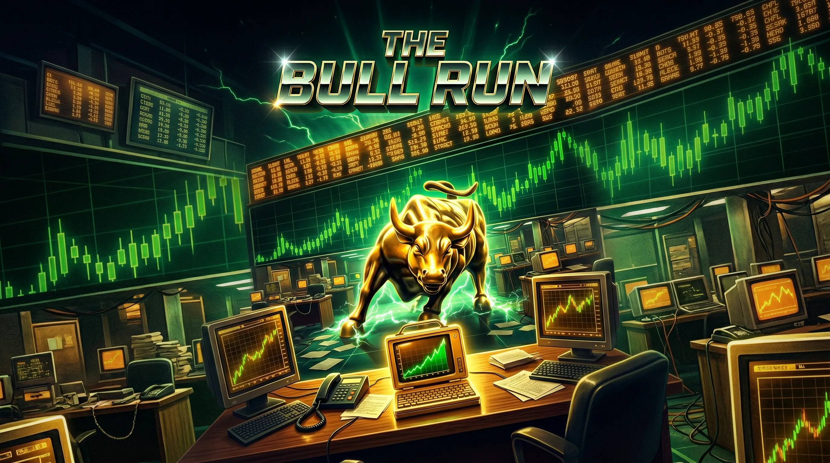 A movie-poster style picture. A 1980s trading floor with a golden bull and rising green charts, with a small gold AI computer on the desk. The title reads The Bull Run.