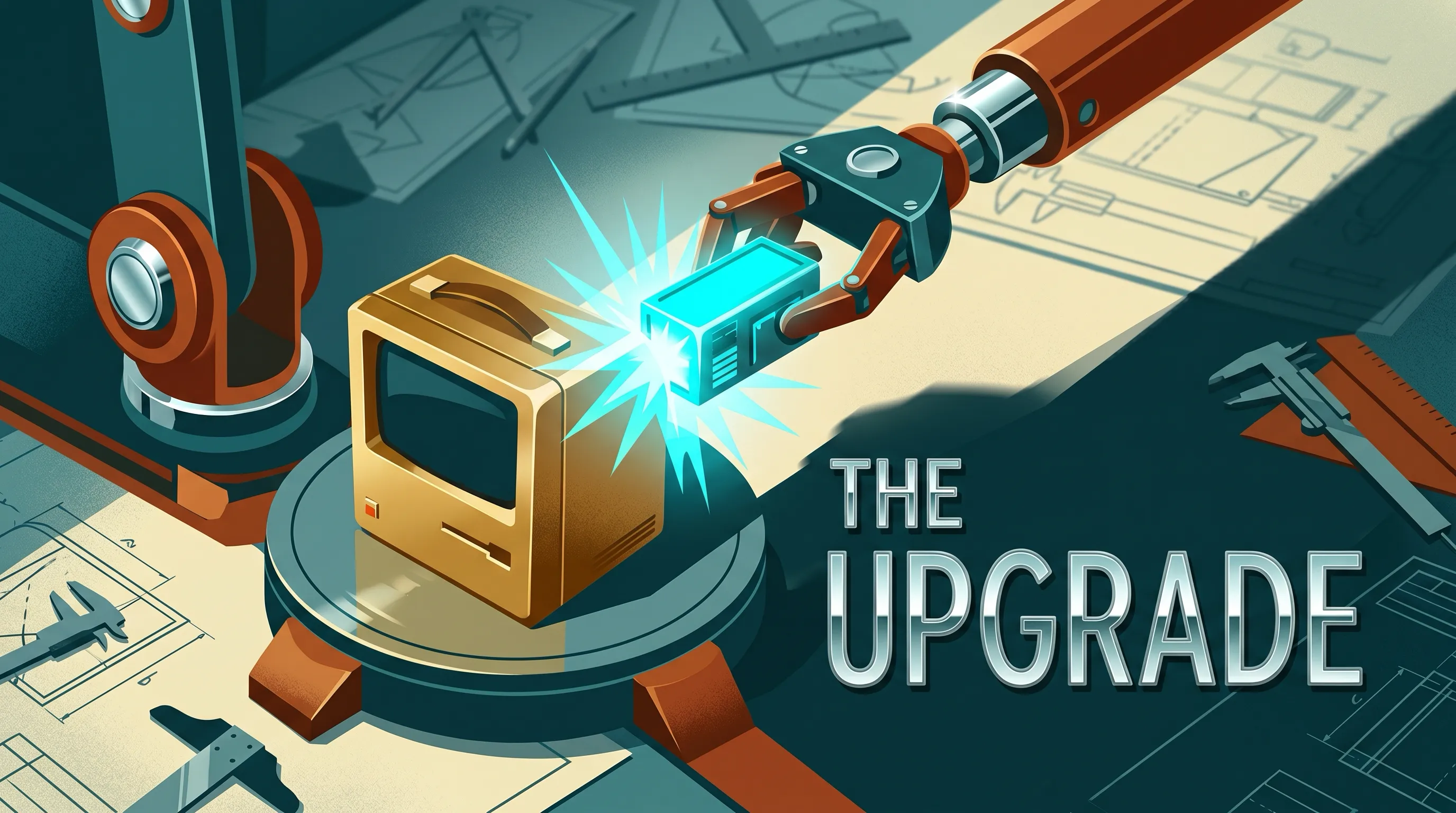 A movie-poster style picture. A robot arm clicks a small glowing blue add-on into a little gold AI computer on a workbench, with patent drawings all around. The title reads The Upgrade.