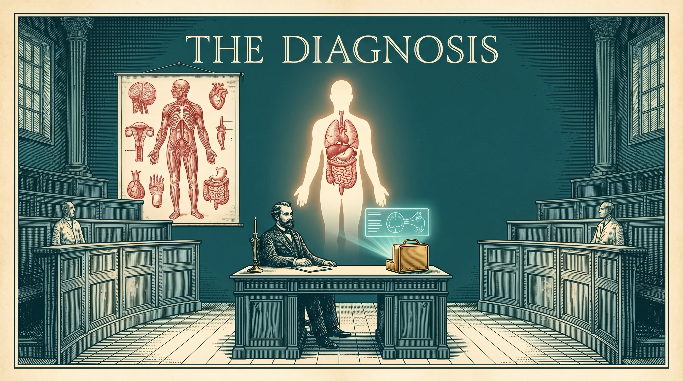 A movie-poster style picture. An old medical room with an anatomy chart, where a small gold AI computer shows a calm health read-out. The title reads The Diagnosis.