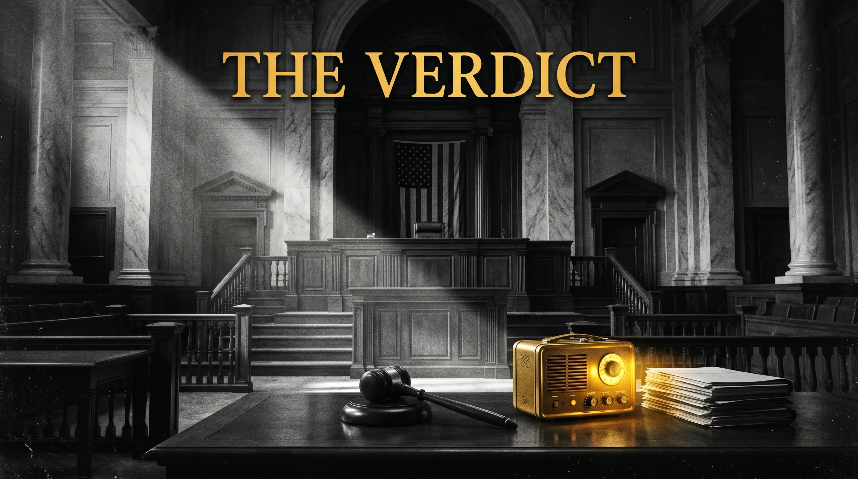 A movie-poster style picture. A grand courtroom with a gavel, where a small gold AI computer glows beside the case files. The title reads The Verdict.