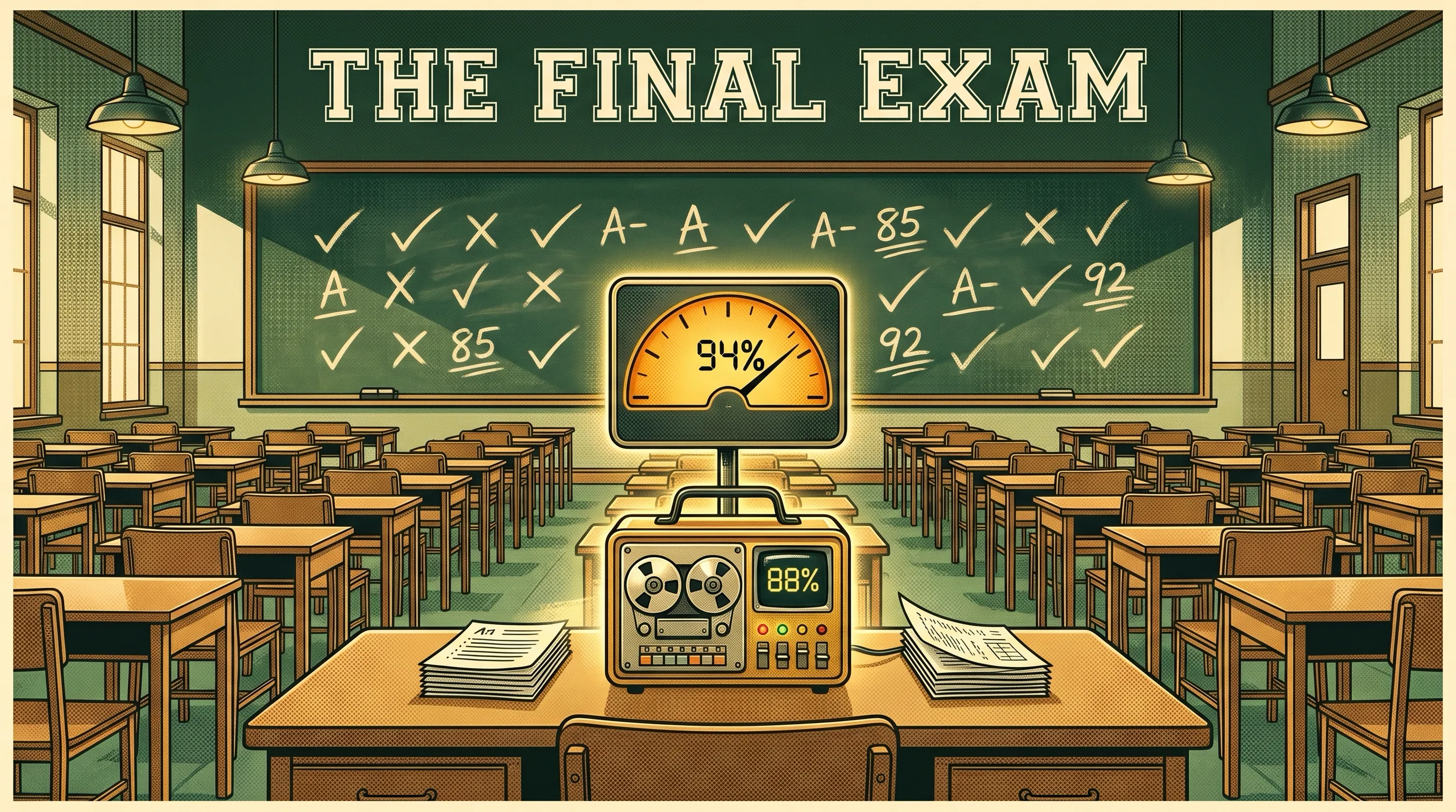 A movie-poster style picture. An exam hall with a big score gauge and a chalkboard of grades, where a small gold AI computer marks the test papers. The title reads The Final Exam.