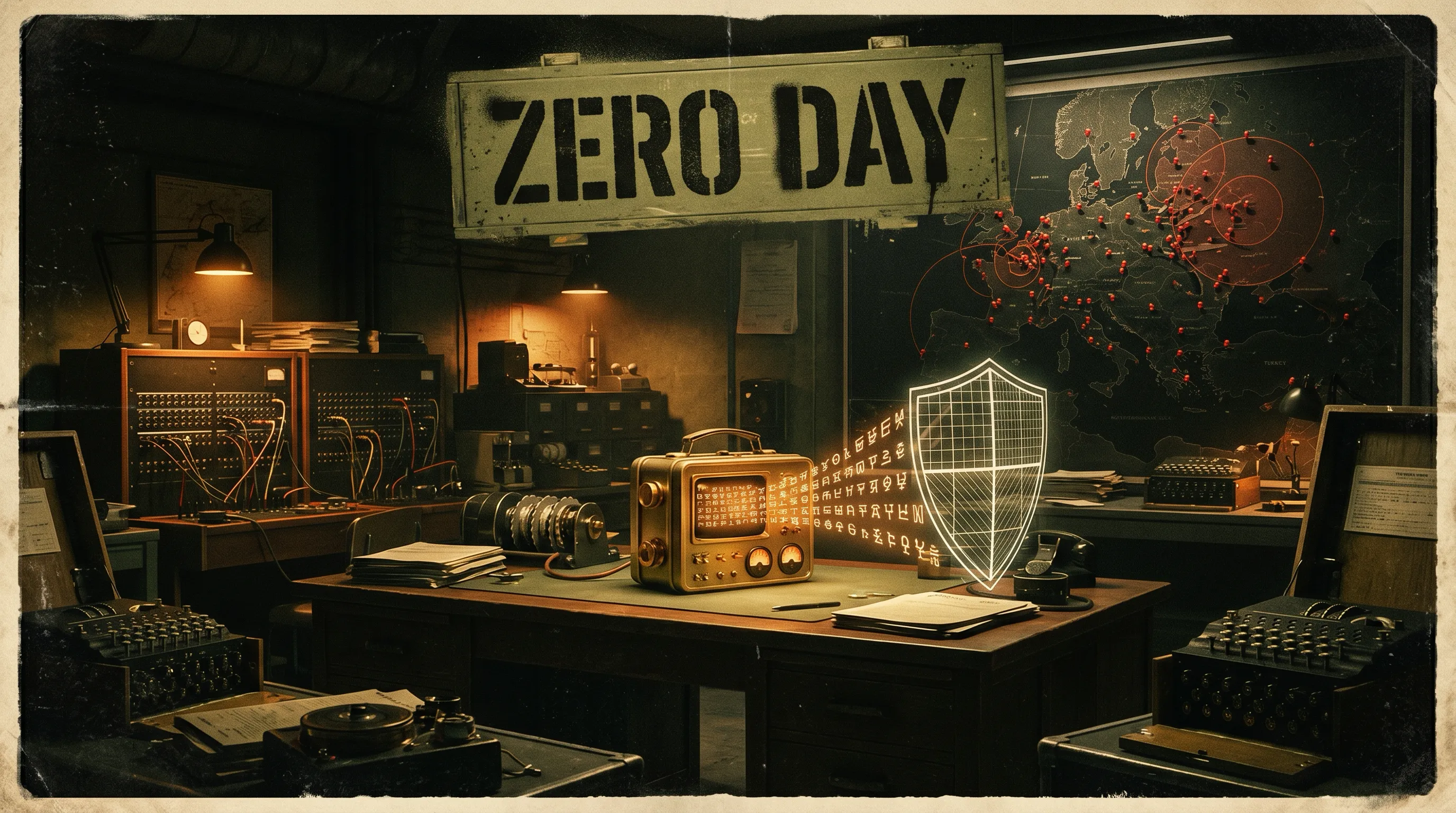 A movie-poster style picture. A 1940s code room with old cipher machines, where a small gold AI computer turns secret code into a glowing shield. The title reads Zero Day.