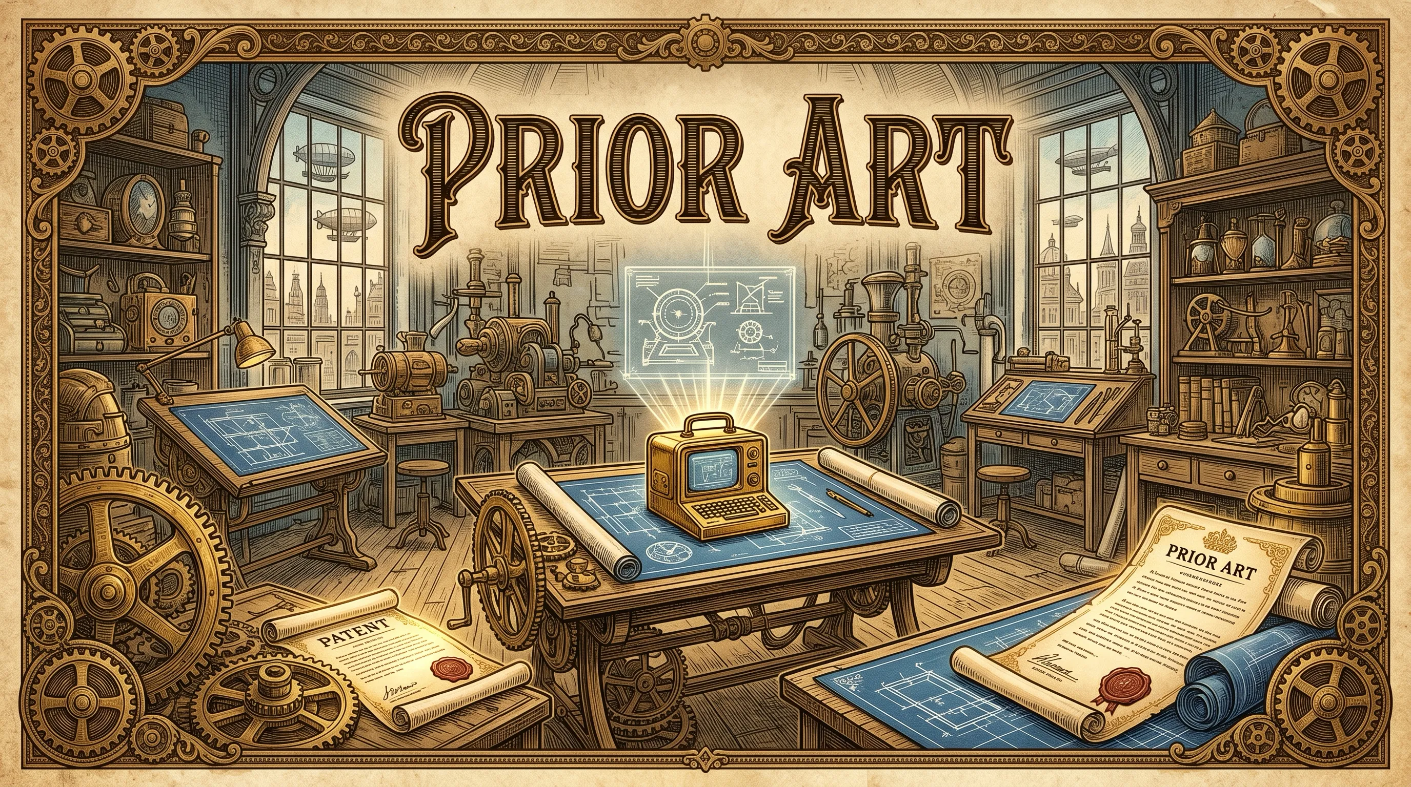 A movie-poster style picture. A Victorian inventor workshop full of brass gears and blueprints, with a small gold AI computer on the desk. The title reads Prior Art.