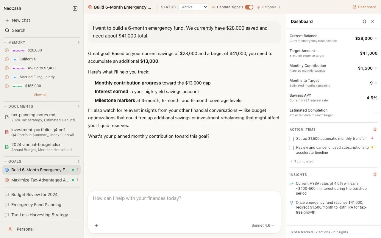 A goal dashboard showing balance, progress to target, and a checklist.
