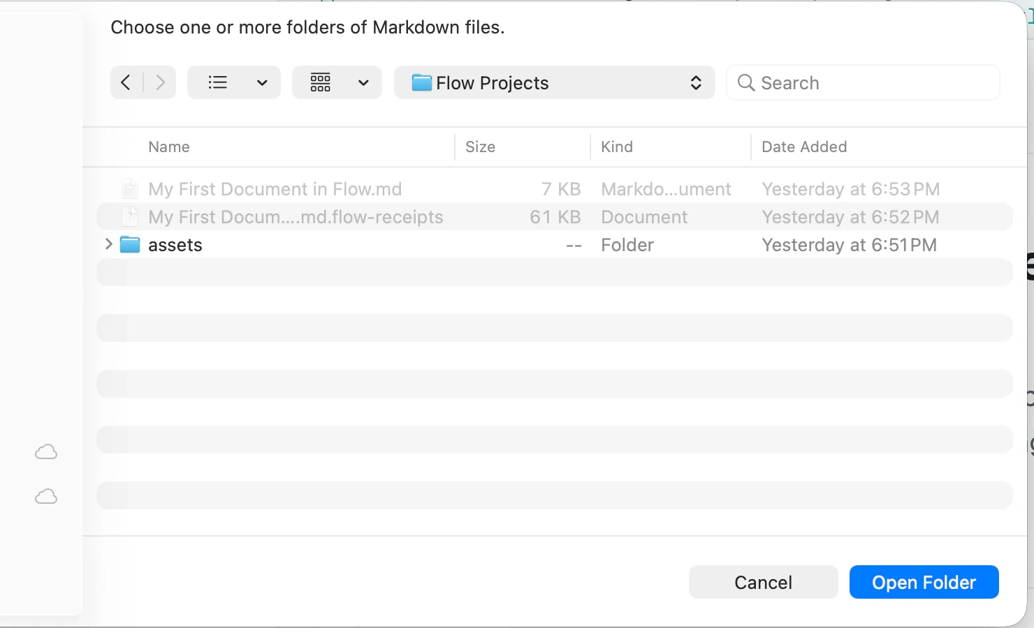 Flow's Add Folder sheet: choose one or more folders of Markdown files, the location set to a Flow Projects folder showing its Markdown documents and an assets folder, with Cancel beside Open Folder.