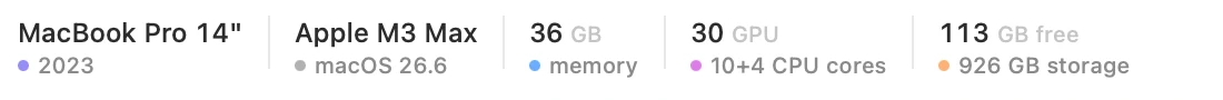 The Mac beside Flow's benchmark ranking: Apple M3 Max, memory, GPU and CPU cores, and free storage.