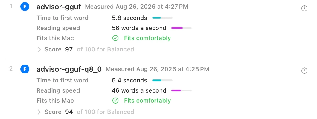 Two measured local models with time to first word, reading speed, fit, and relative scores.